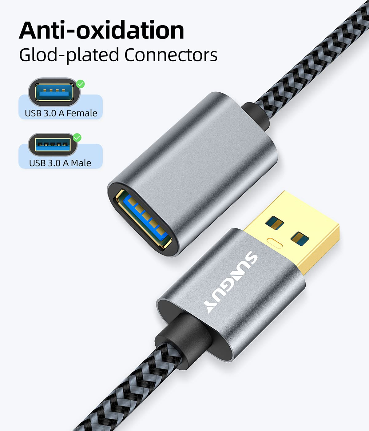SUNGUY USB Extension Cable, 0.5M USB 3.0 Extension Cable 5Gbps Super Fast, Short USB a Male to a Female Extension for Card Reader, Keyboard, Printer, Scanner, Camera Etc. - Gray image number 3