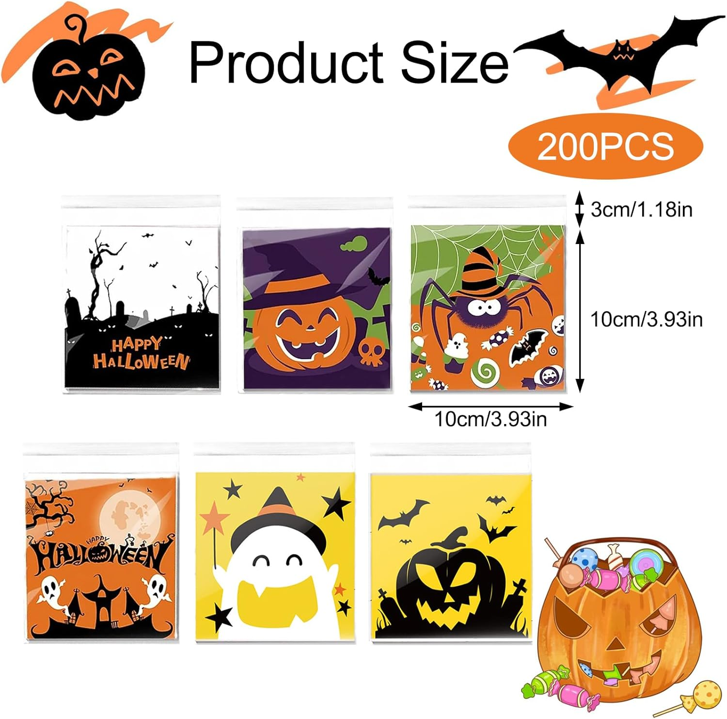 Halloween Candy Bags, 200 Pcs Self Adhesive Halloween Treat Bags Transparent Candy Cookie Bags Trick or Treat Cellophane Bags for Halloween Party Favors image number 6