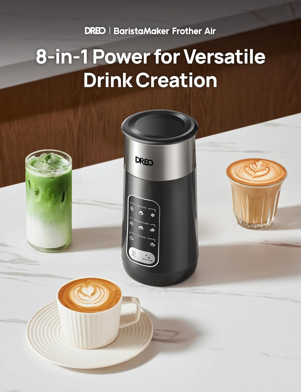 Dreo Milk Frother, 8-In-1 Electric Frother for Latte Art Coffee, 9Oz/270Ml Hot and Cold Foam Frother, Automatic Milk Warmer for Dairy and Non-Dairy Milk with LED, Easy to Clean, Baristamaker Air