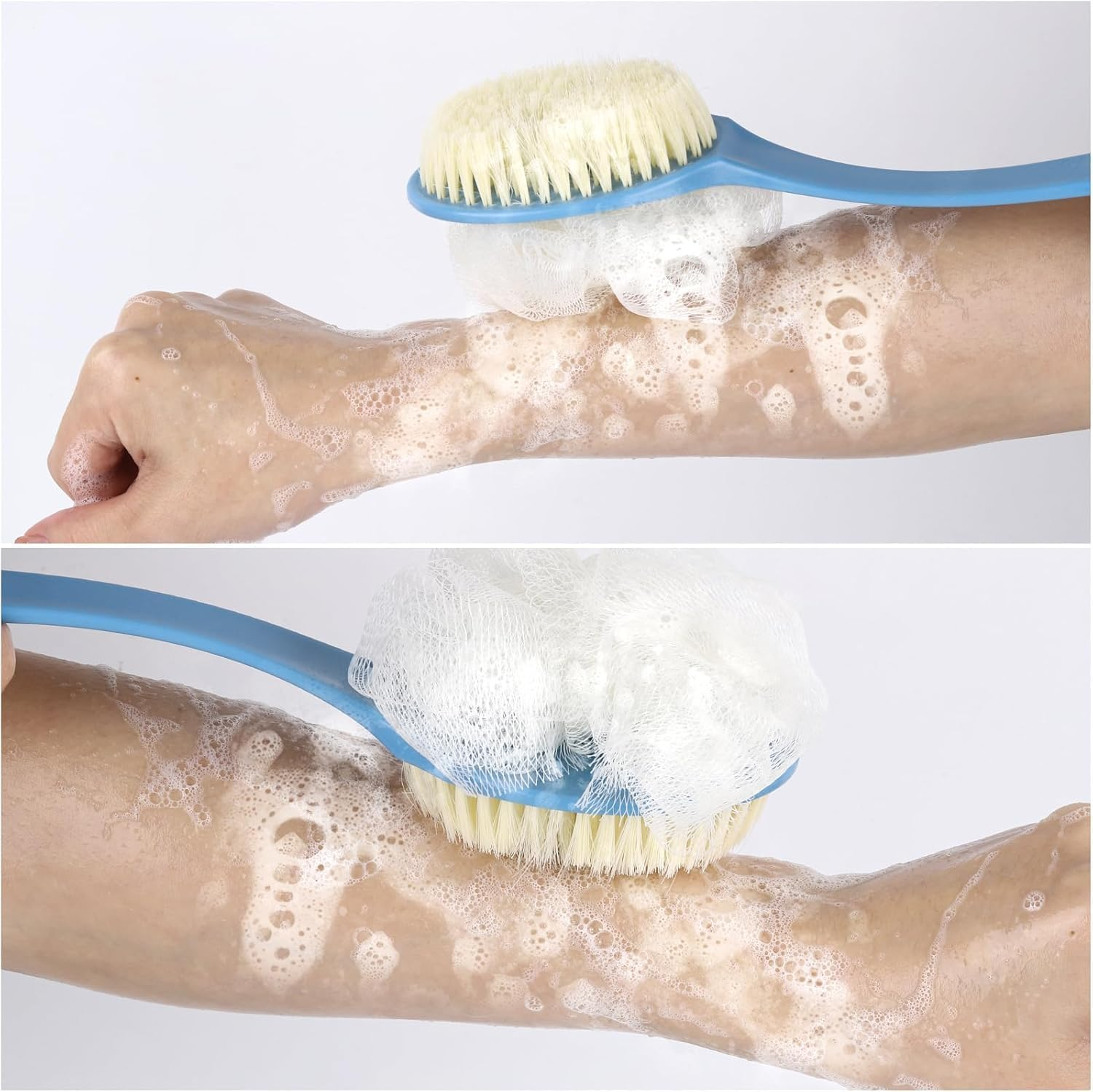 Fokmuaex 1Pcs Long Handle Body Shower Brush with Soft Bristles & Exfoliating Loofah Bath Sponge - 13.4 Inch Blue Back Scrubber for Adults, Bathroom Accessories image number 6