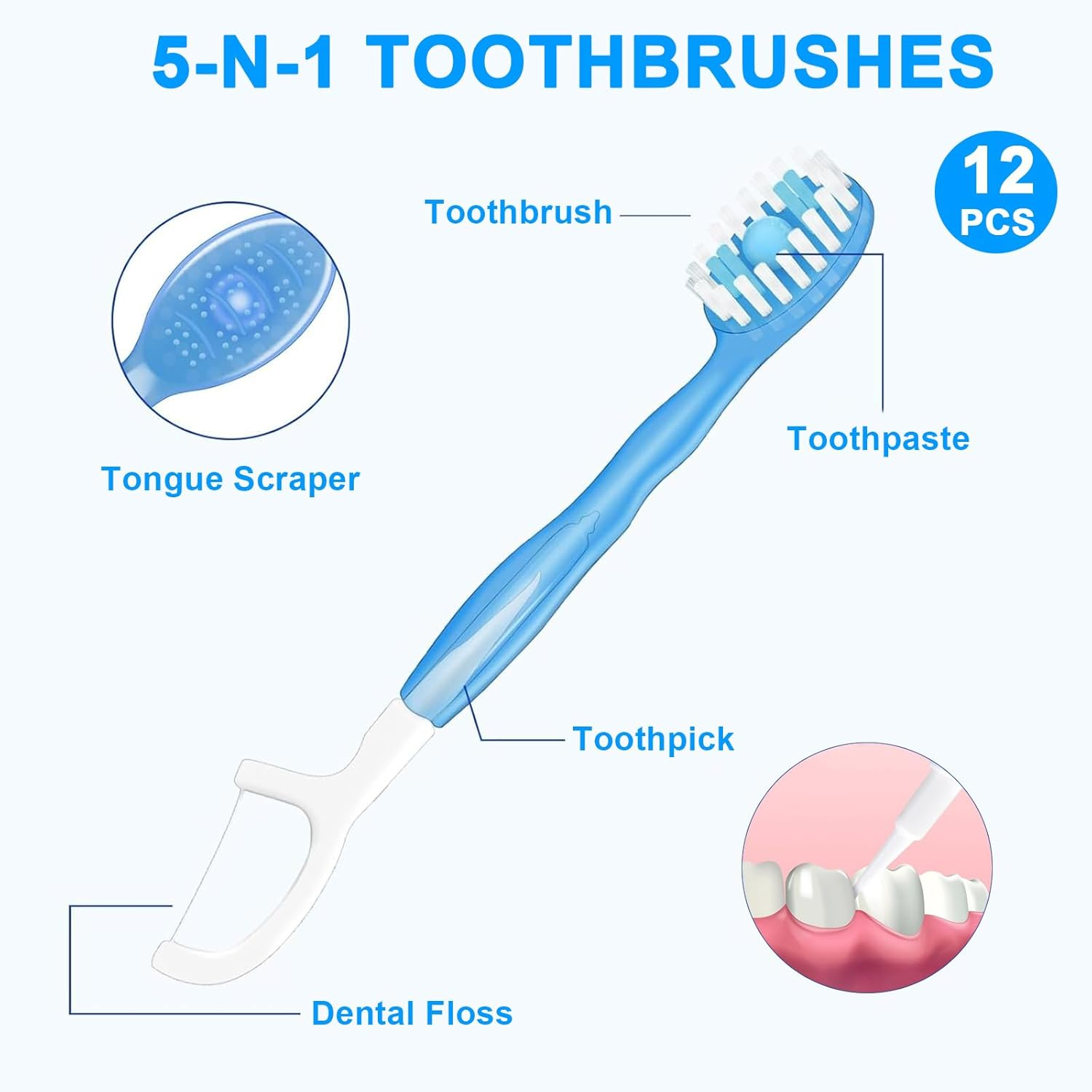 12PCS Prepasted Disposable Toothbrush Set, Mini Travel Toothbrushes with Paste, Portable Disposable Toothbrushes with Tongue Scraper Floss Pick Individually Wrappedor for Work, Travel, On-The-Go