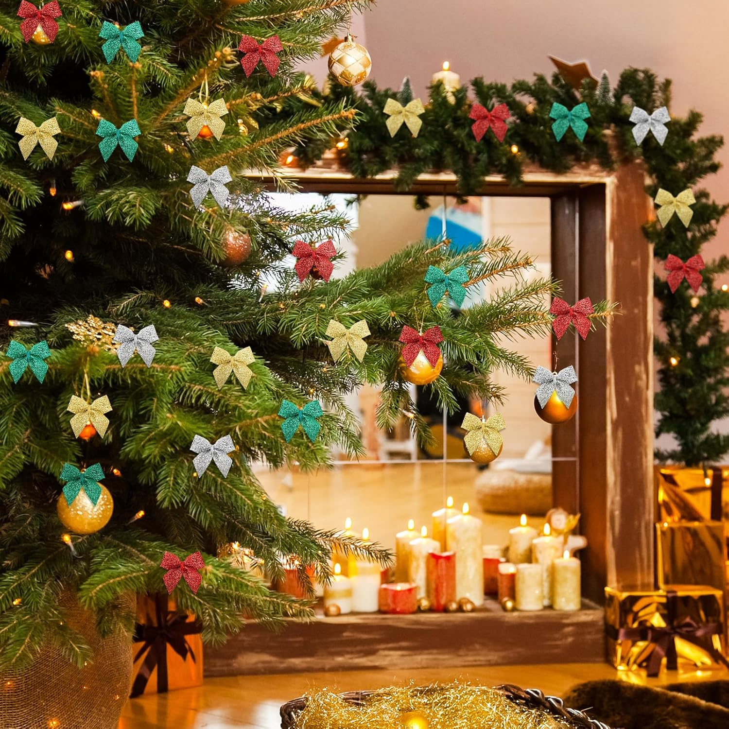 Syhood 150 Pcs Christmas Mini Bow Tiny Twist Tie Handmade Craft Ribbon Hair Small Holiday Bow Craft Supply for DIY Sewing Party Decor(Classic Color, Glitter) - Dark Greenbeige image number 2