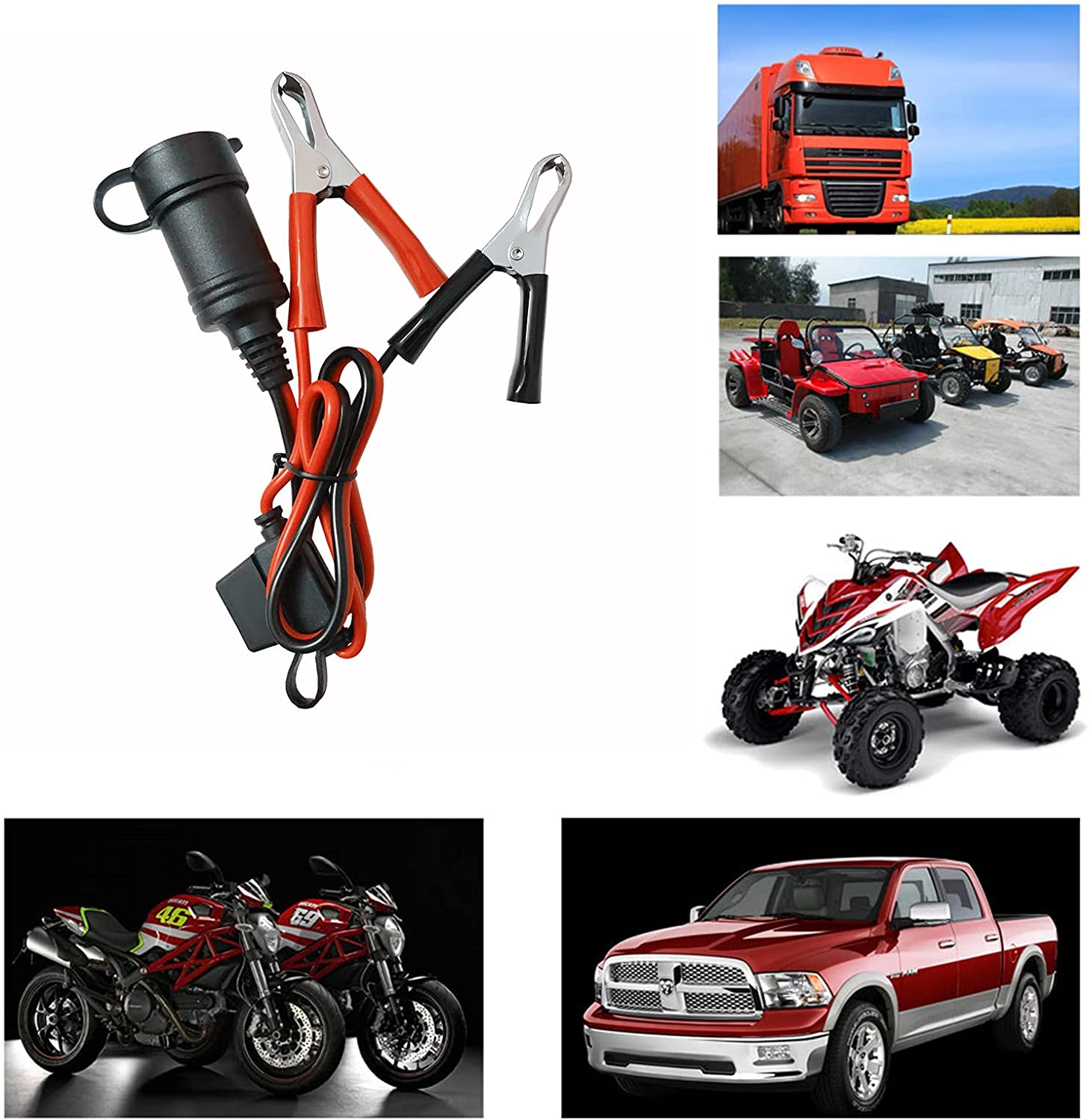 Cigarette Lighter Socket Battery Alligator Clamp - 2Ft Battery Clips to Female Car Cigarette Lighter Socket Adapter Extension Cord 12V-24V Battery Clip-On Extension Cable with 15A Fuse (1) image number 3