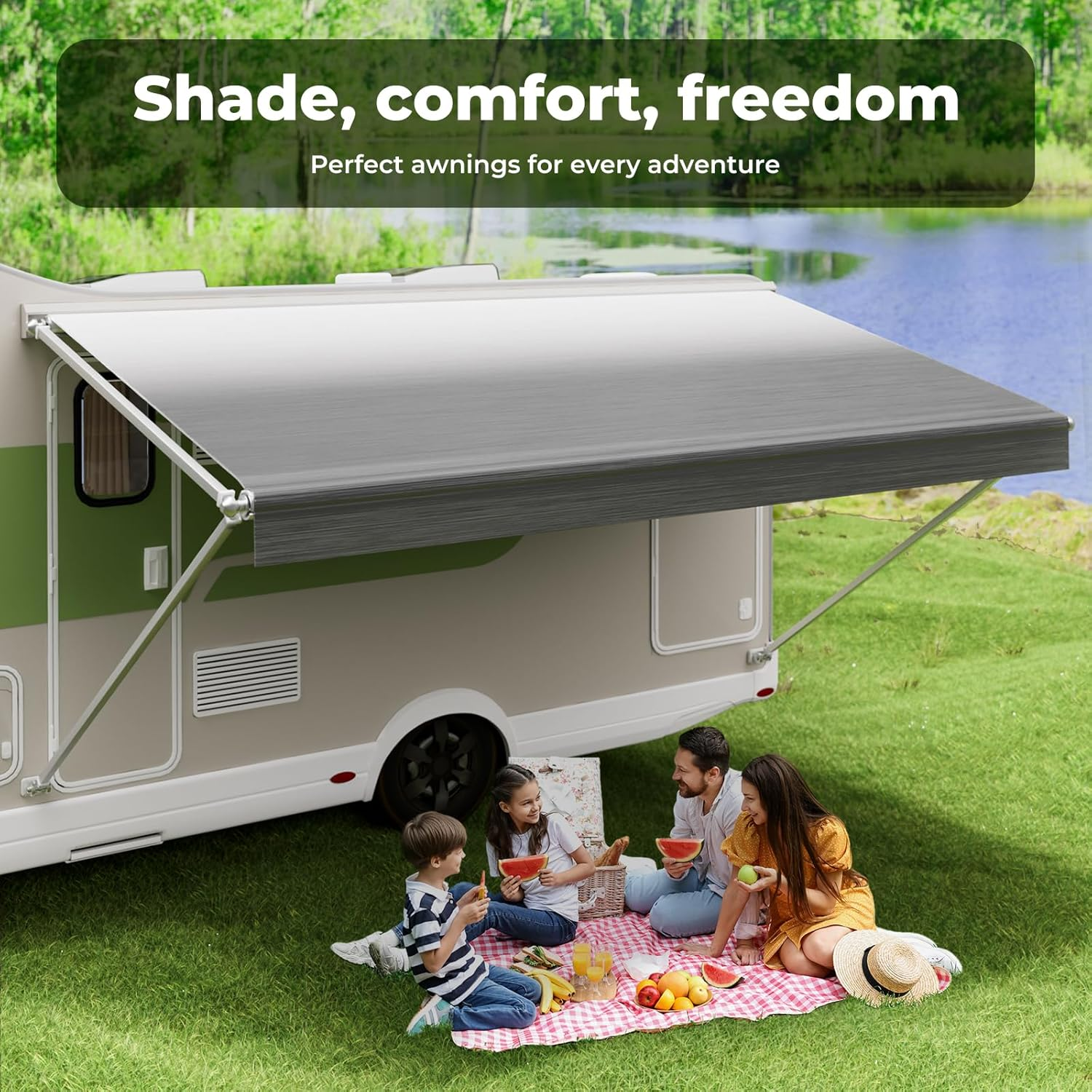 14FT RV Awning Fabric Replacement, Heavy Duty Weatherproof Anit-Uv 4-Ply 18.05Oz Vinyl, Shading Roll Out Suit Camper Caravan, Universal Outdoor Canopy for Camper, Trailer, and Motorhome image number 1