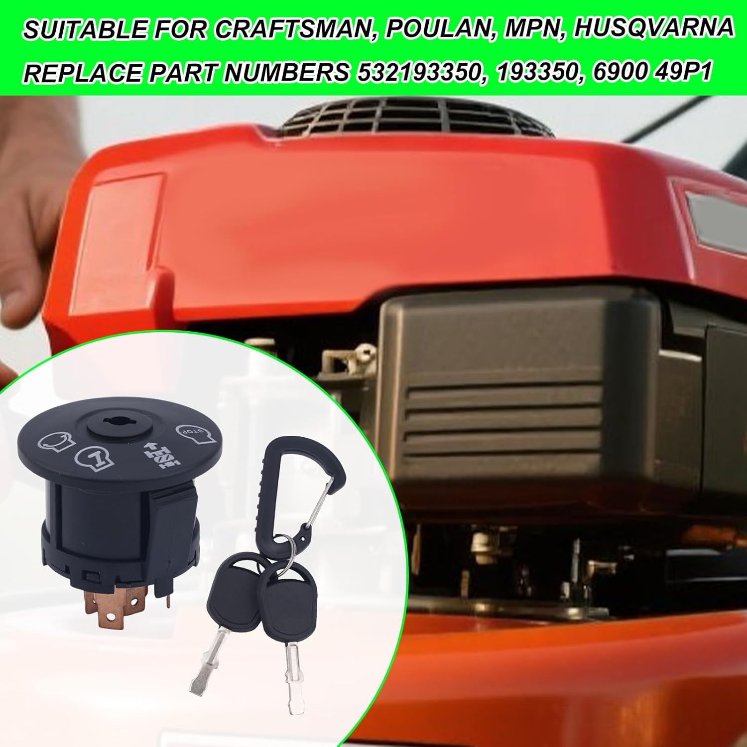 532193350 Ignition Switch with 2 Keys, 4 Position 7 Terminal Ignition Starter Switch Replacement Compatible with Craftsman Husqvarna Poulan MPN, Replaces 532193350, 193350, 690049P1