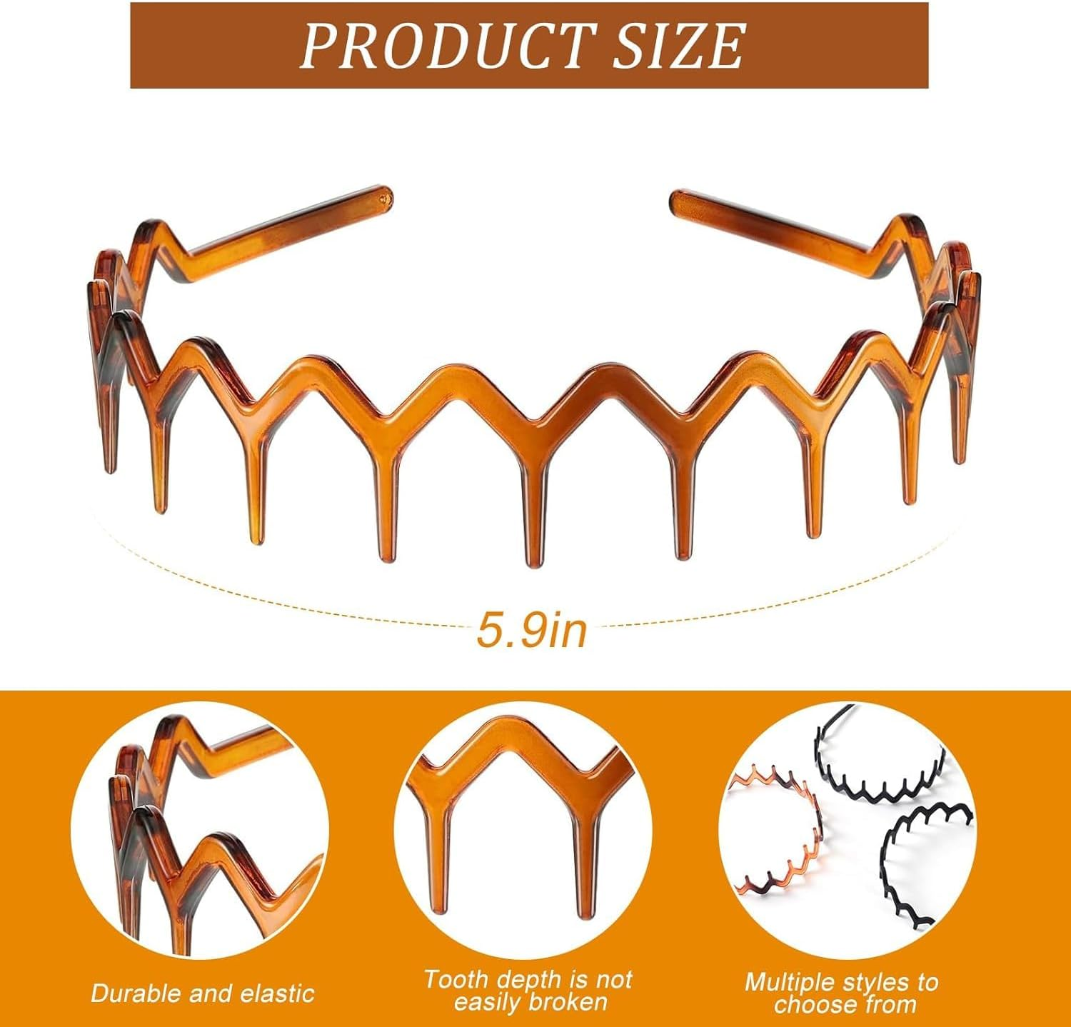 ZEBAN Set of 2 Zig Zag Black Plastic Sharks Tooth Hair for Women Men, Shark Tooth Headband & Hair Band 1 Black + 1 Brown image number 3