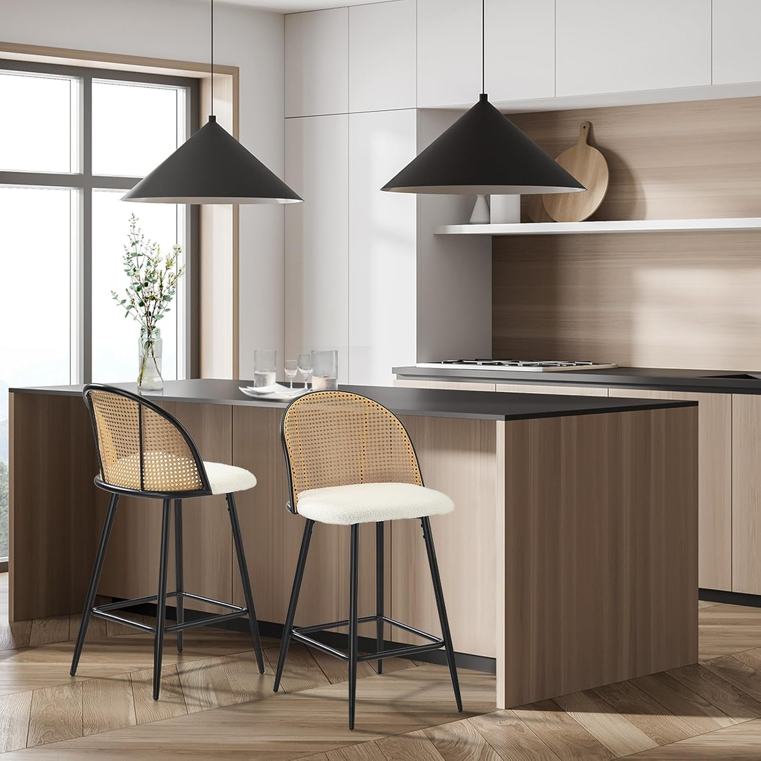 Oikiture Bar Stools Set of 2 Boucle Fabric Bar Stools with PU Rattan Backrest Counter Kitchen Chairs Dining Chair, White image number 3