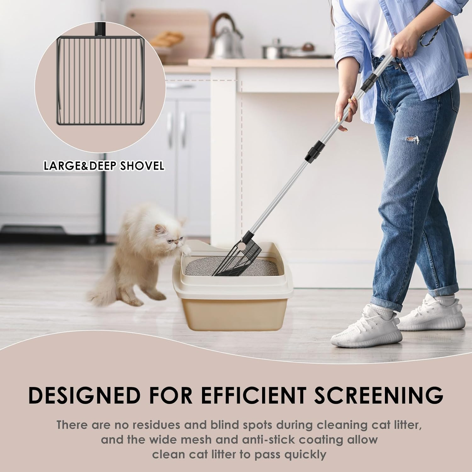 2Pcs Extendable Cat Litter Scoop, Metal Litter Scooper with Deep Shovel, Cat Litter Scooper Nonstick Cat Litter Sifter with Plating Layer for Cats Chickens