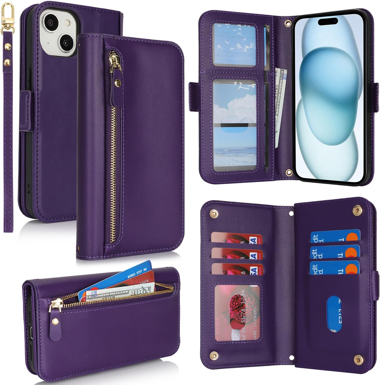 Sunyoo for Iphone 15 Case Leather Wallet with Card Holders Money Slots Wrist Strap for Women Men RFID Blocking Purse for Iphone15 Zipper Coin Pocket Cover Kickstand Folio Flip Case Purple image number 6