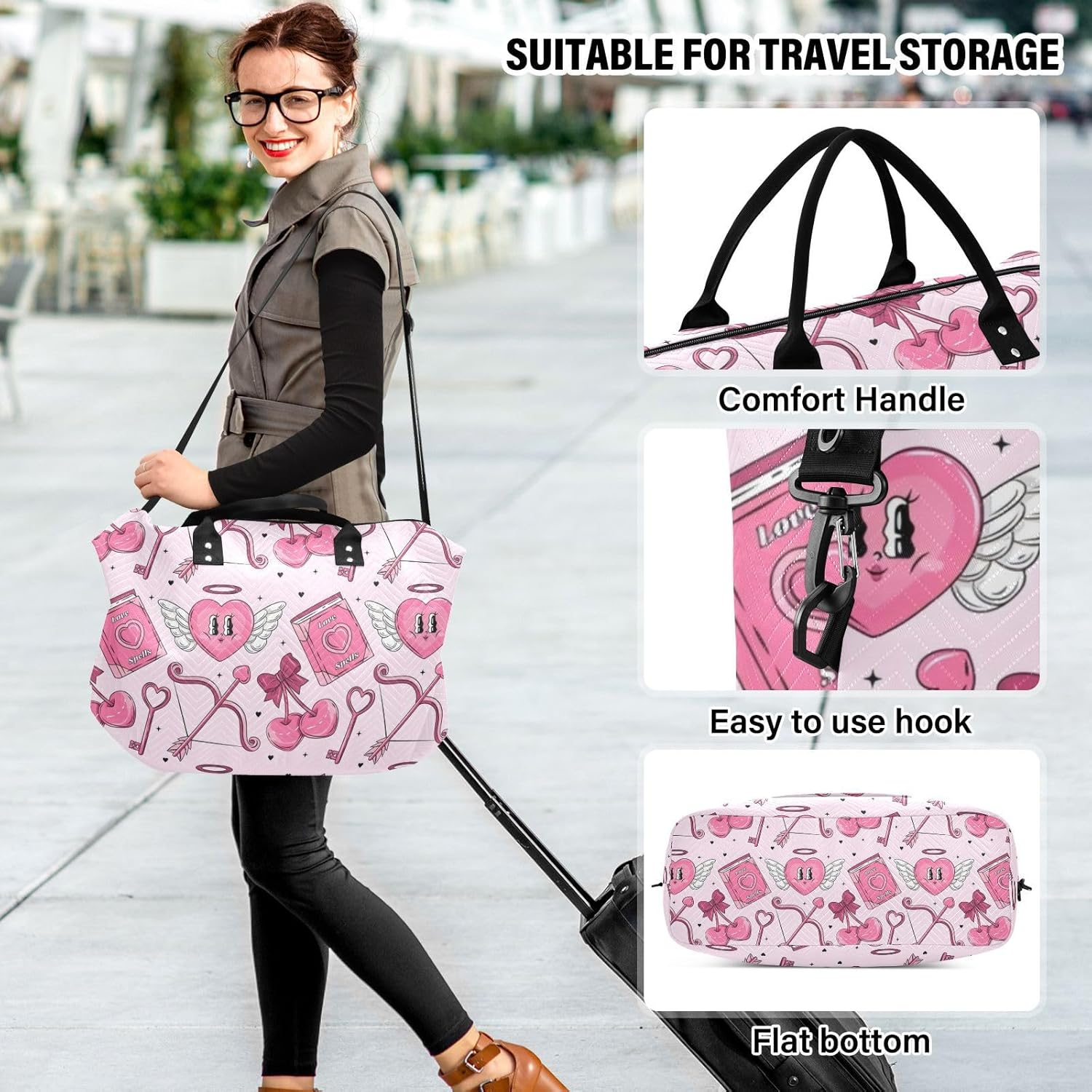 Peach Heart Cupid Personal Item Travel Bag Travel Weekender Gear Bag Gym Tote Bag with Toiletry Bag for Trekking 2 Pcs Set, Peach Heart Cupid, 1 Size image number 2