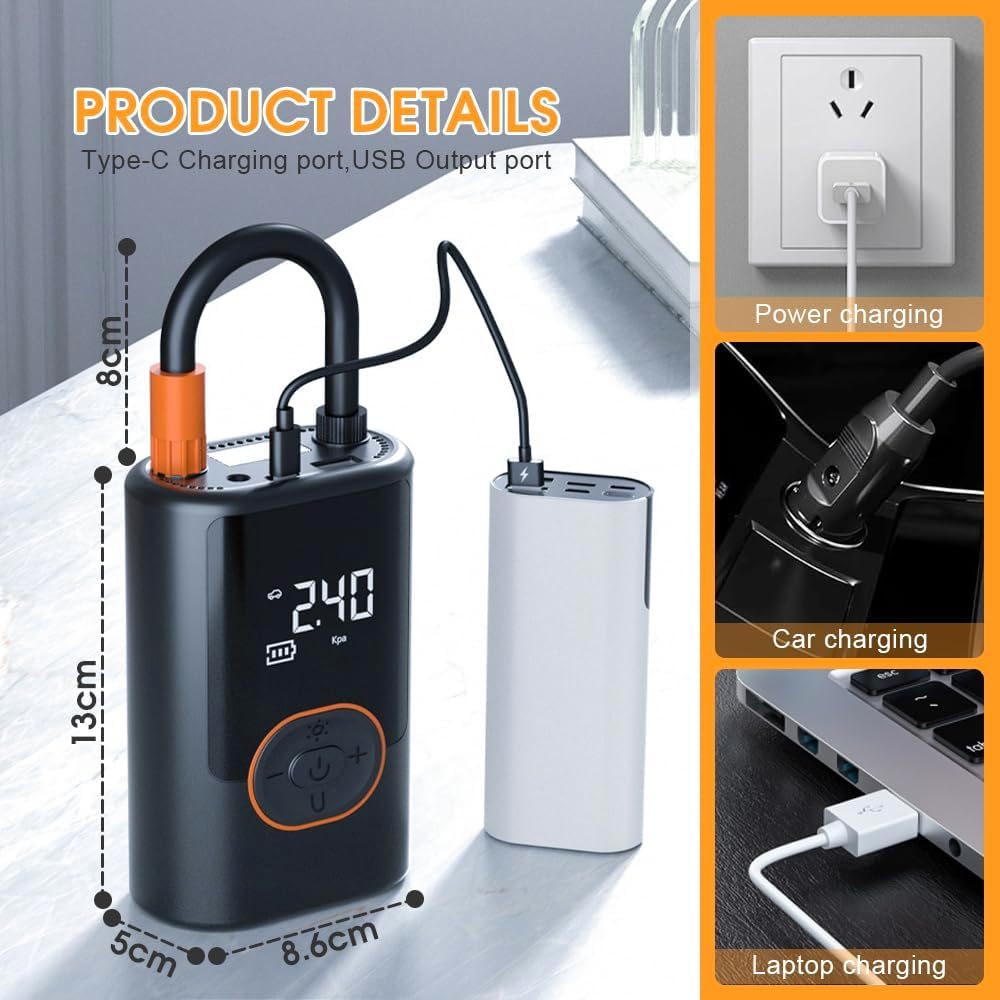 Tire Inflator Portable Air Compressor, 150PSI Cordless Air Pump for Car Tires, 3X Faster Inflate Electric Tire Pumps with Tire Pressure Gauge for Car Bikes Motorcycle Balls, Dual-Use Type image number 5