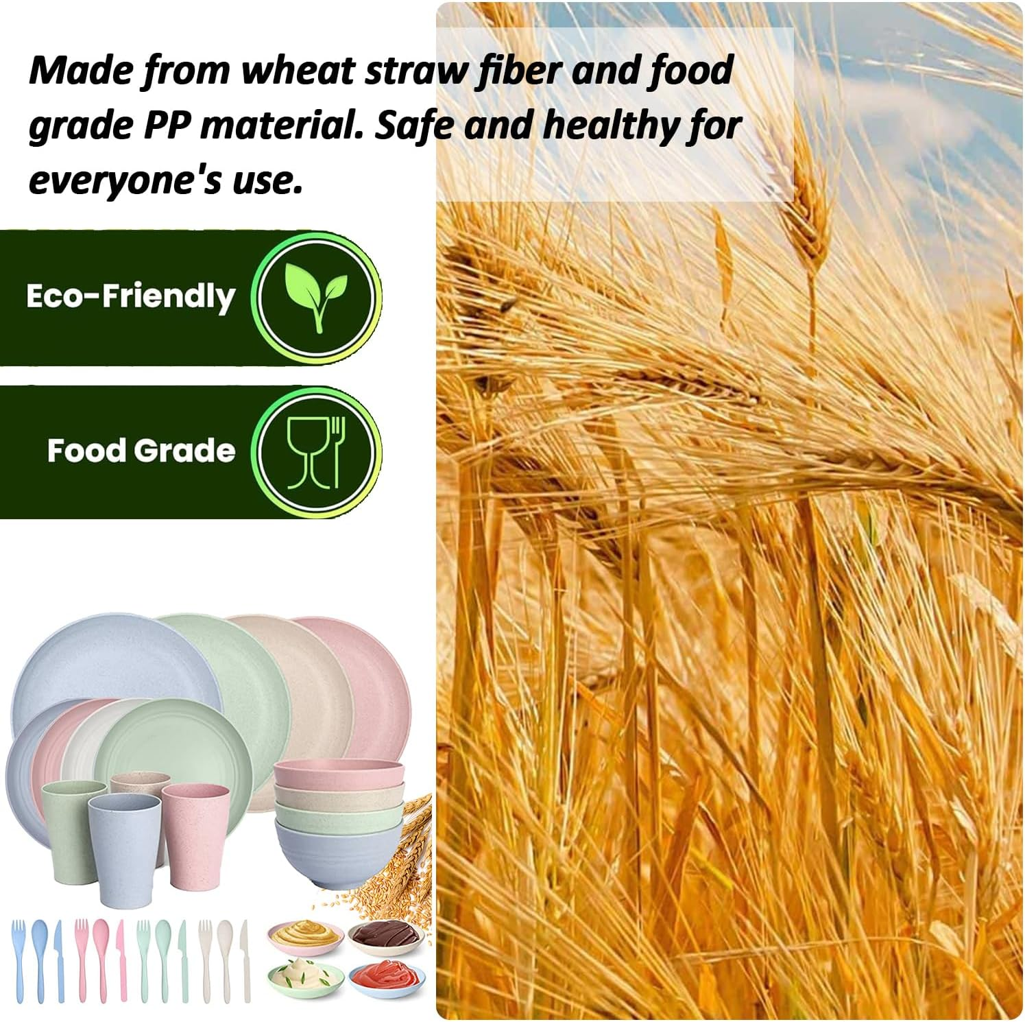 32 Pcs Wheat Straw Dinner Set for 4, Unbreakable Dinnerware Sets, Reusable Plates and Bowls Sets, Lightweight, Microwave & Dishwasher Safe, Eco Friendly, Perfect for Camping, Picnic【Size Upgrade】 image number 4