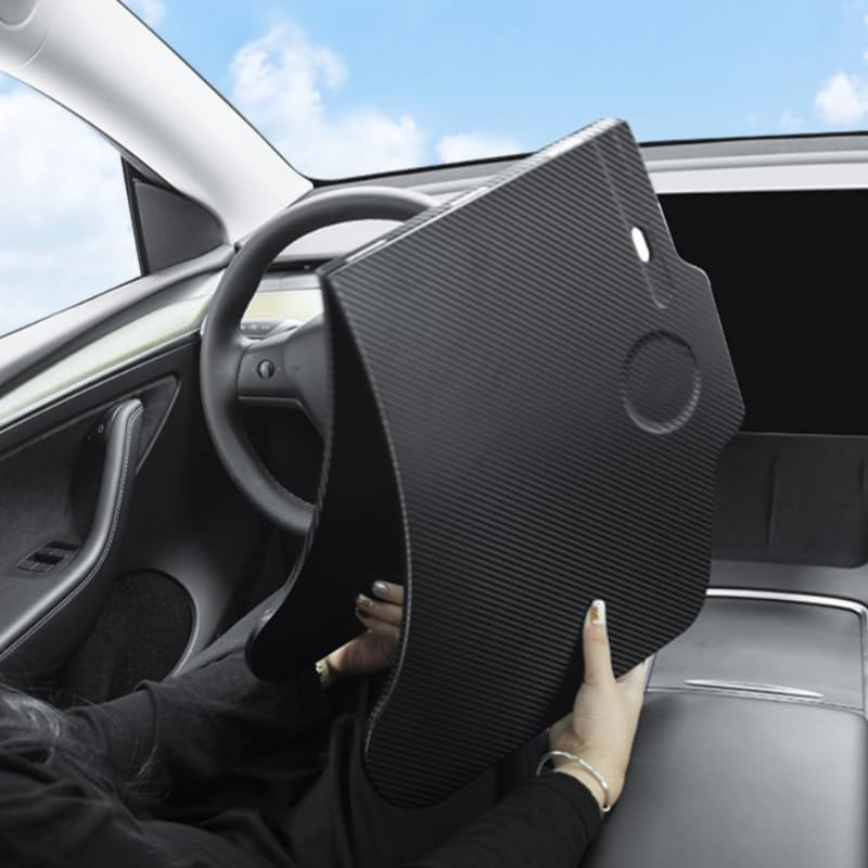 GROZY Foldable Carbon Fiber Textured Car Desk, Car Laptop Desk Steering Wheel Tray Eating Table, Multipurpose Portable Food Tray Dining Table for Dining Working, Car Travel Table for Tesla Model 3 Y image number 1
