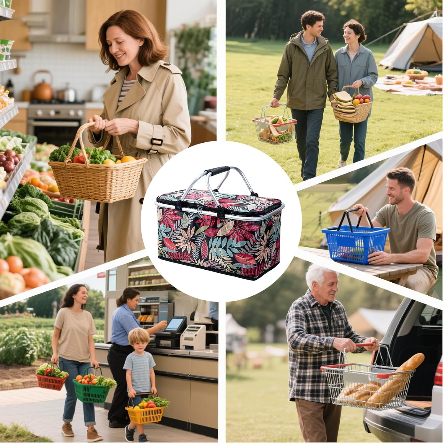 Grocery Baskets with Handles | Foldable Basket Shopping Bags with Handles,Cooler Bag Storage Organizer for Picnic Camping Women Family Retail Fishing Outdoor Road Trip - Blue image number 5