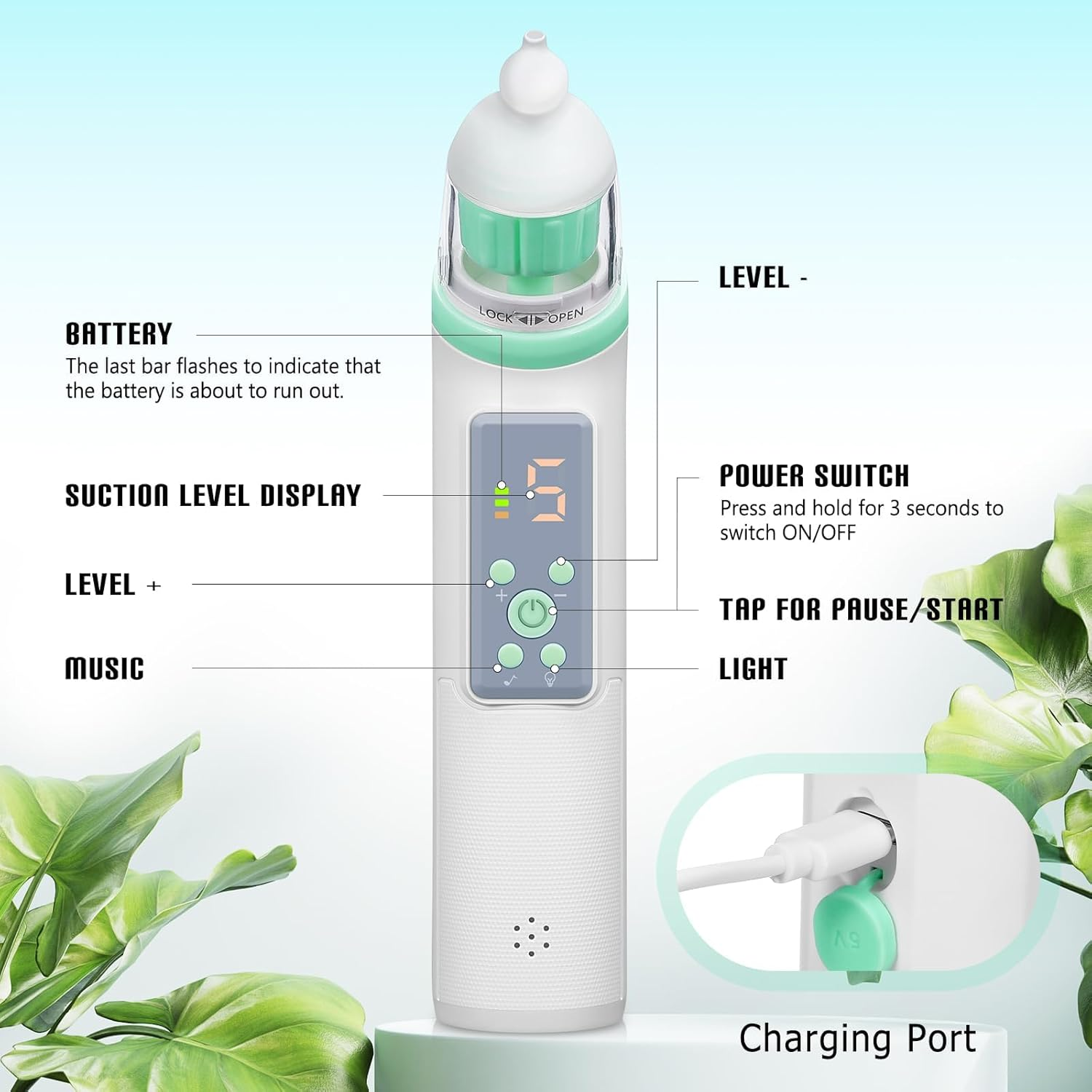 IODOO Electric Nasal Aspirator, Baby Nose Cleaner with 5 Suction Levels and 3 Silicone Tips, Rechargeable Mucus Sucker with Music and Soothing Light, for Newborns Babies and Children image number 2