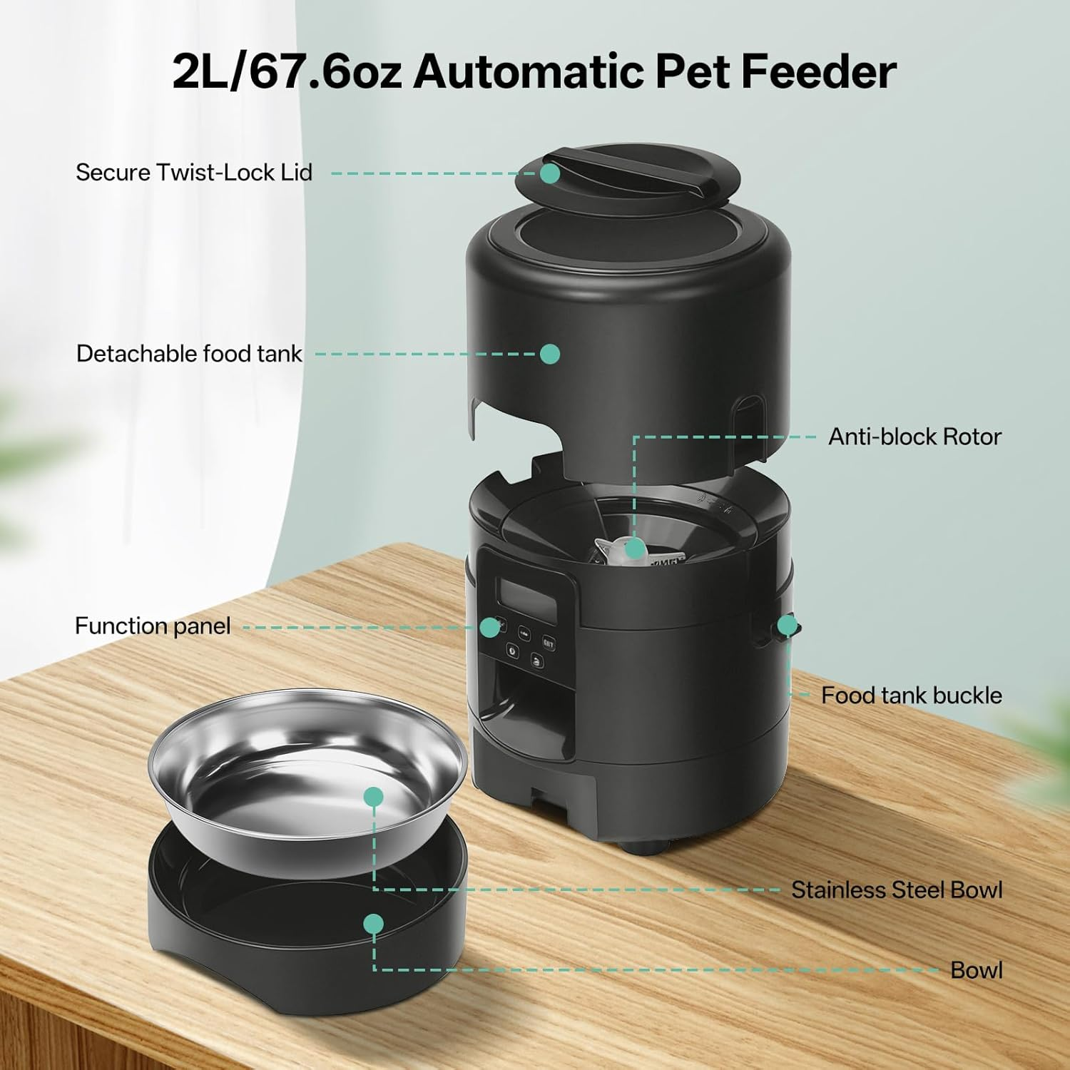 BFLICROY Automatic Cat Feeder, 2L Timed Pet Feeder, Reliable Scheduled Dog Food Dispenser, 1-4 Meals/Day, 1-40 Portions/Meal, Programmable Control, Dual Power Supply