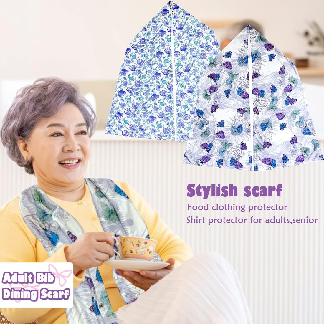 VOPHIA 2 Pack Women Bib Dining Scarf Washable Microsuede Food Clothing Protectors Floral Dining Mouth Towel Scarf image number 2