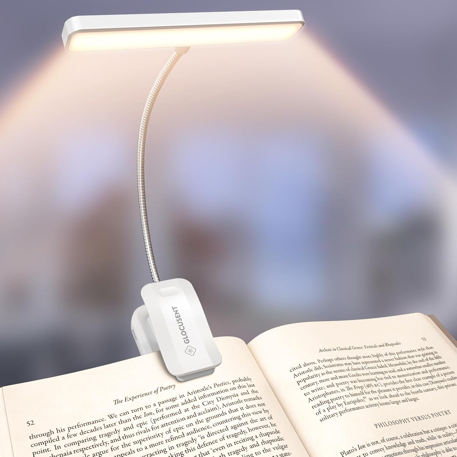Glocusent 26 LED Rechargeable Book Light 5 Amber Colors & Stepless Dimming Brightness Book Light for Reading in Bed - Portable Clip on Book Reading Light with Longer Runtime for Book Lovers Kids