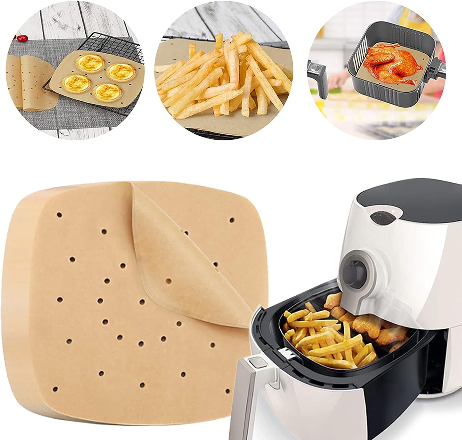 (100Pcs-9 Inch) Air Fryer Parchment Paper, MH MOIHSING Square Air Fryer Liners, Bamboo Steamer Paper, Steamer Liner Perforated Unbleached Parchment Paper for Baking Cookies Grilling Air Fryer, No Burn image number 1