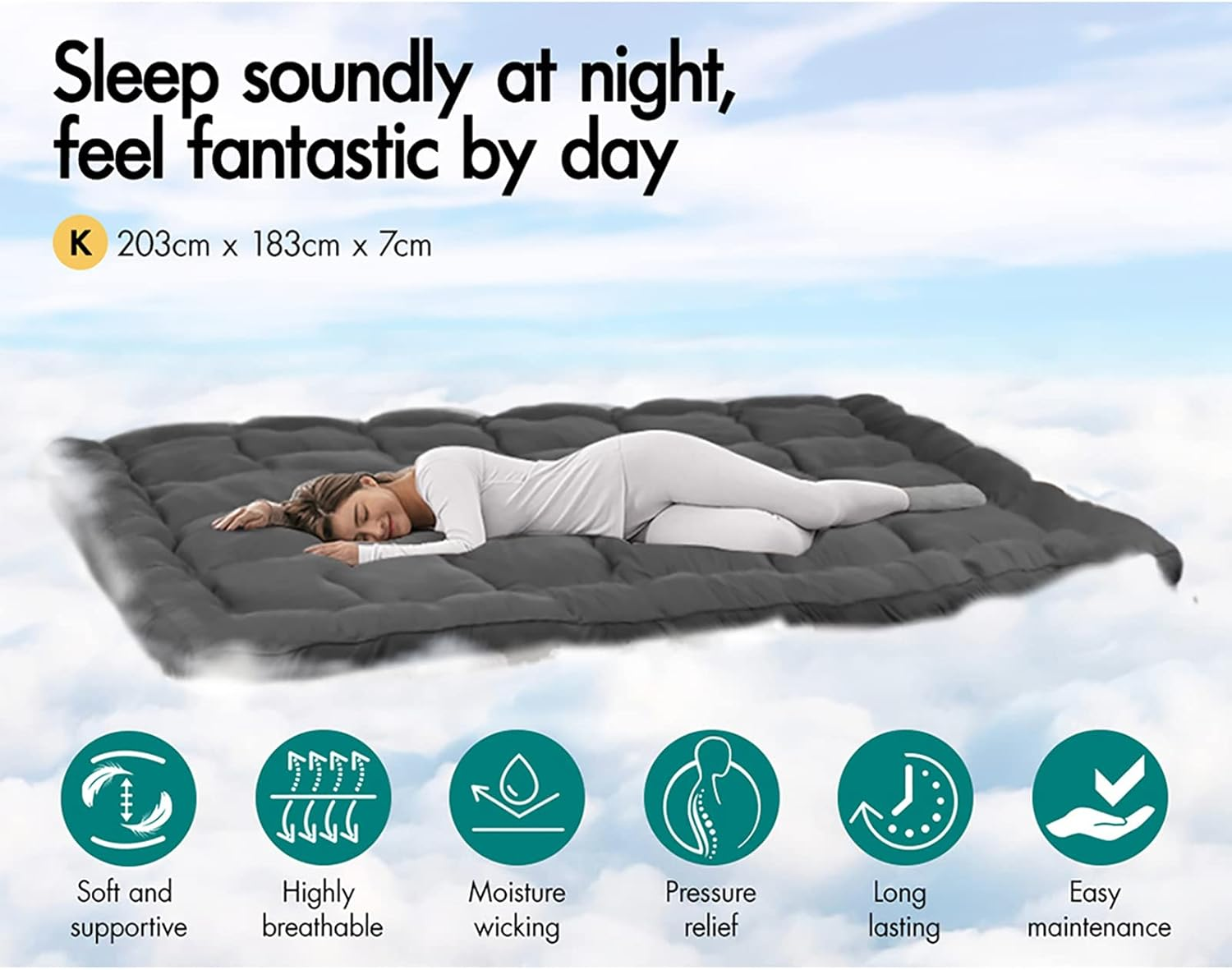 STARRY EUCALYPT King Size Pillow Top Mattress Topper 7Cm Thick with 1000 GSM Microfibre Filling, Fabric Cover Beddings Bed Mat Padding,Grey image number 1