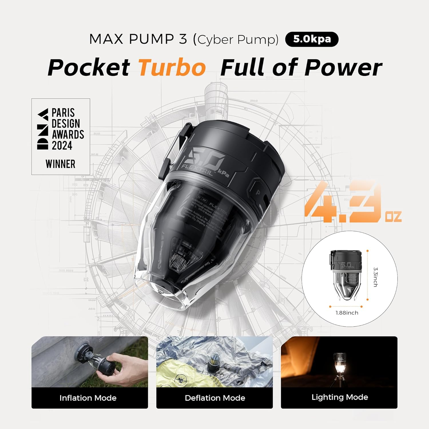 FLEXTAILGEAR MAX Pump 3 Portable Air Pump, 5KPA Air Pump for Inflatables with Camping Light, Rechargeable Air Mattress Pump,6 Nozzles to Inflate Deflate for Pool Floats Air Mattress Inflatable Boat - Cream image number 6