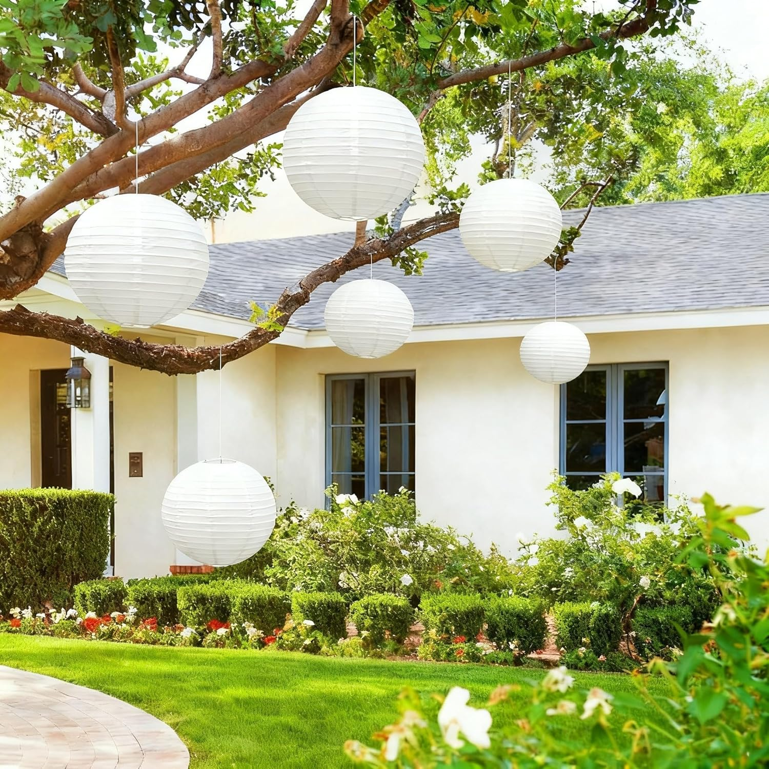 Ikare 20Pcs White Paper Lanterns,6" 8" 10" 12" round Paper Lanterns,White Hanging Lanterns Lamp for Birthday, Wedding, Christmas, Bridal, Home Decor, Party Decoration