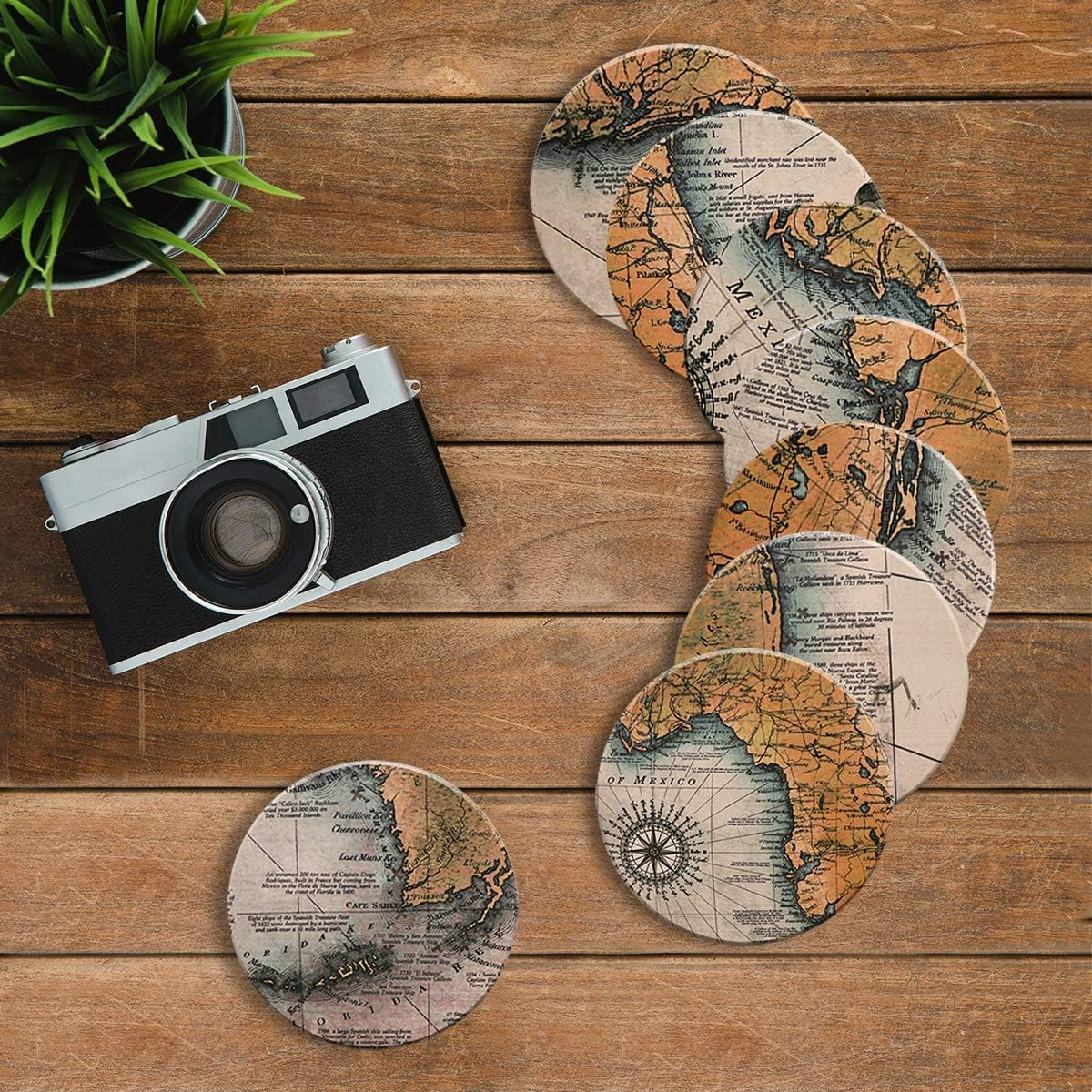 Darate Absorbent Coasters with Holder Set of 8, Coasters for Drinks, Unique Housewarming Gift, 4 Inch round Coaster for Bedroom, Home, Office, Bar, Dining Room, Living Room, Kitchen (Nautical Chart) image number 1