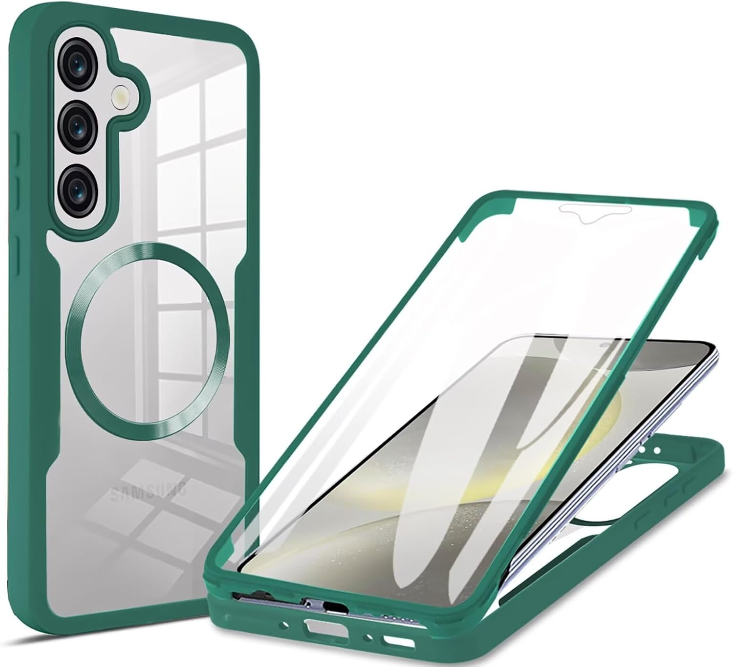 ILING Clear Case for Samsung Galaxy A17 5G/4G, Compatible with Magsafe Magnetic Suction, 360&deg; Full Body Protection Hard PC Silicone Shockproof Cover with Built-In Screen Protector (Green)