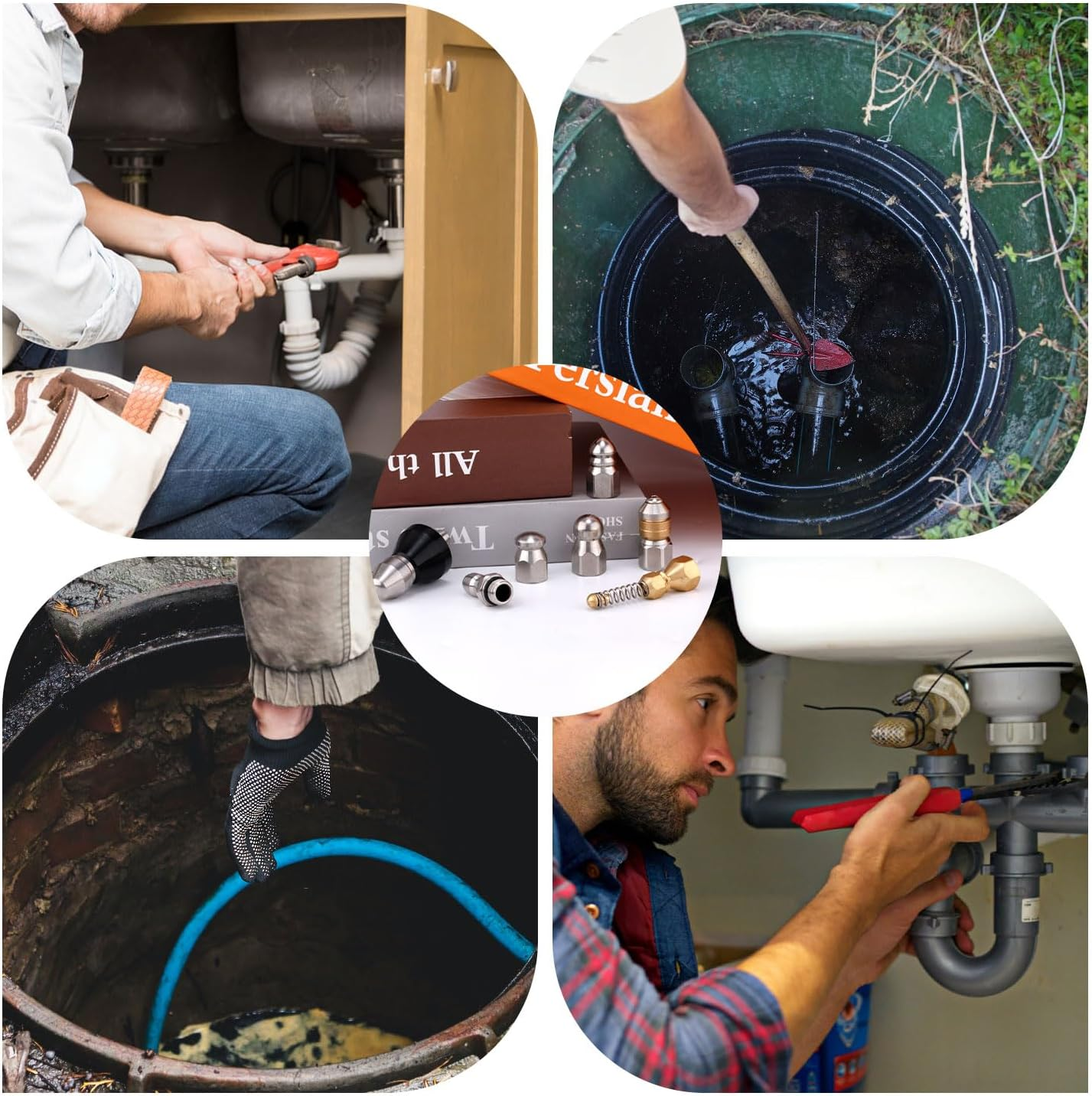 8Pcs Sewer Jetter Nozzle Kit with 1/4" NPT Quick Connectors & Tape, Stainless Steel Pressure Drain Jetter Hose Nozzle for Pressure Washer Sewer Cleaning Tool 5000 PSI image number 1