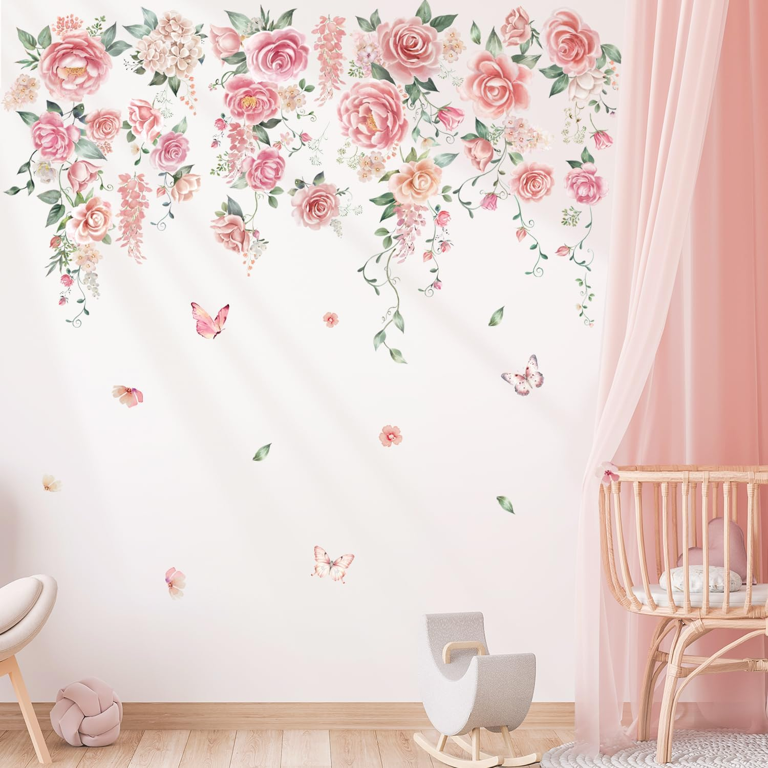 DECOWALL SG3-2428 Rose Vine Wall Stickers Room Decals Bedroom Living Flower D&eacute;cor Art Floral Pink Tv Decoration Butterfly Nursery Peel and Stick image number 1