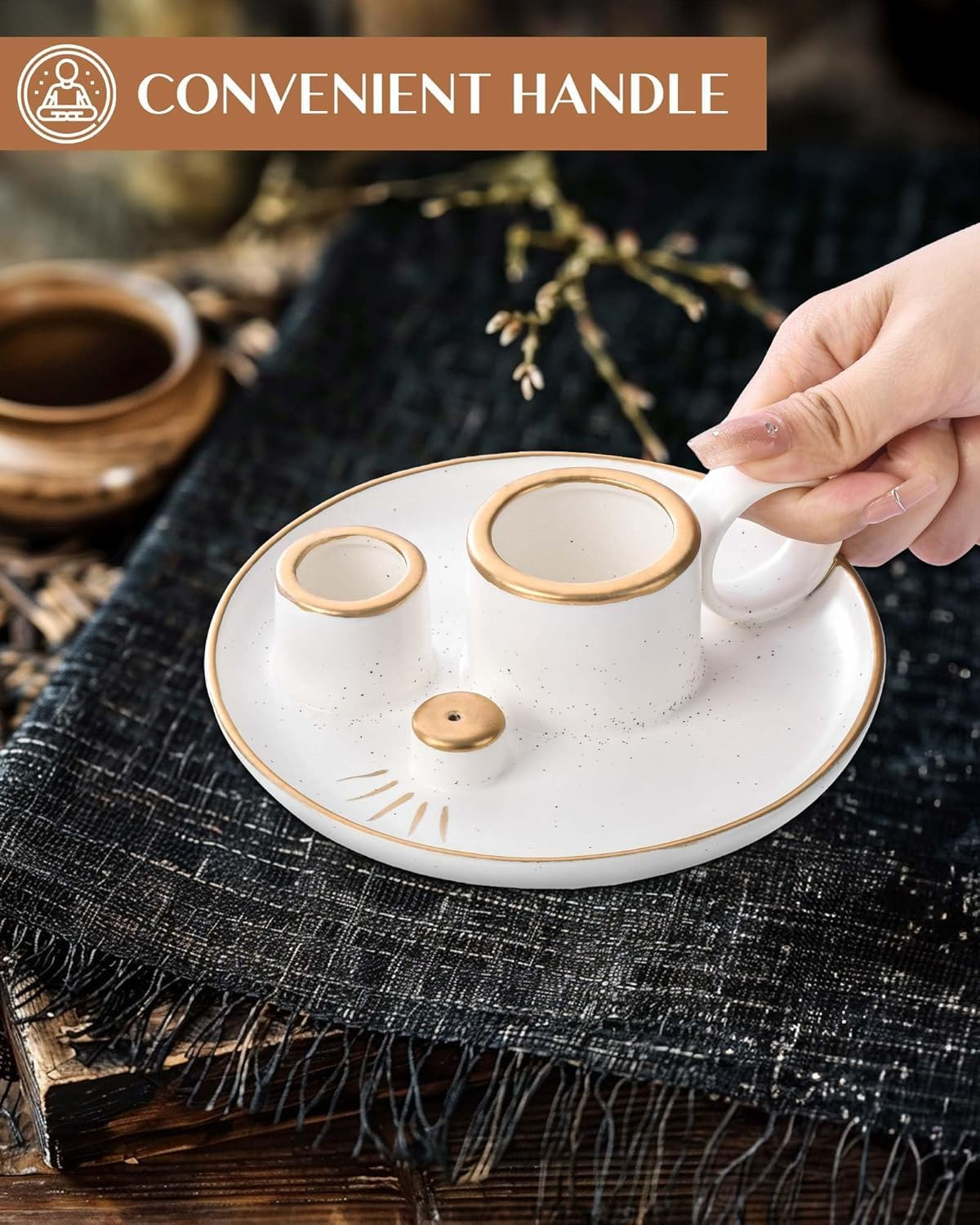 LIGHUFEIC Incense Holder,4-In-1 Palo Santo & Sage Incense Holder,5.9" Ceramic Burner with Handle, Ash Catcher Tray & White Candle Holder - for Meditation, Home Decor & Zen Gifts. image number 6