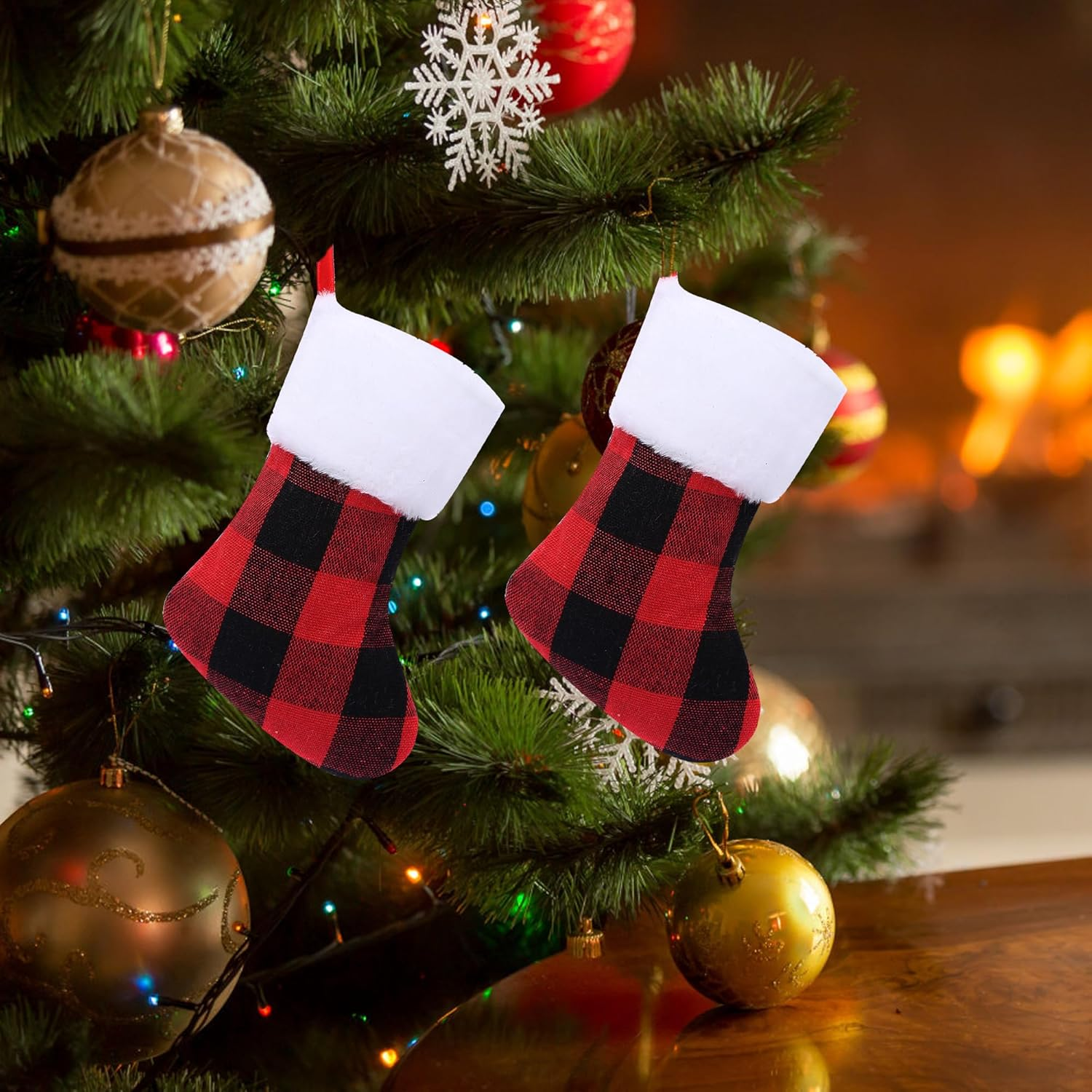 Mini Christmas Stockings 7 Inch 24Pcs, Buffalo Plaid Christmas Stockings, Christmas Hamging Ornaments image number 4
