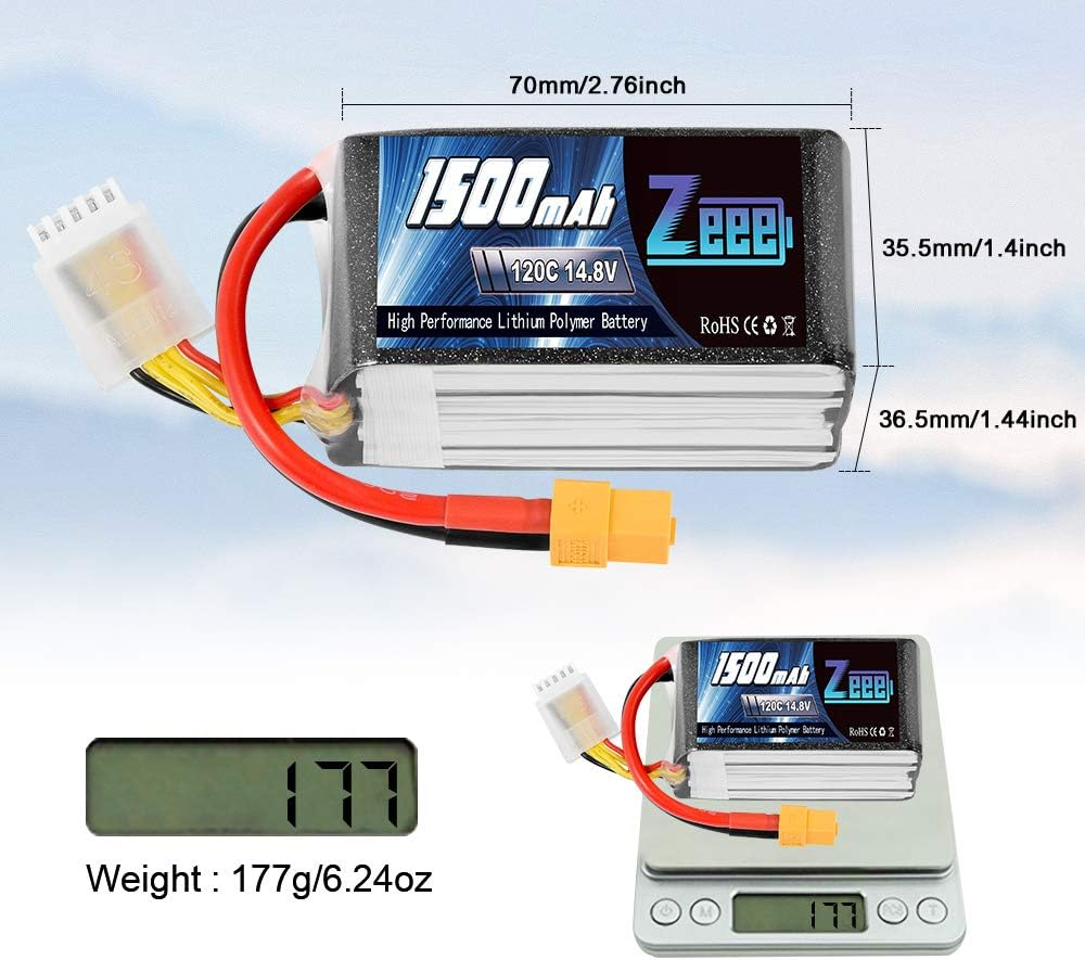 Zeee 4S Lipo Battery 1500Mah 14.8V 120C RC Battery with XT60 Plug for FPV Drone Quadcopter Helicopter Airplane RC Boat RC Car RC Models (2 Pack) image number 6