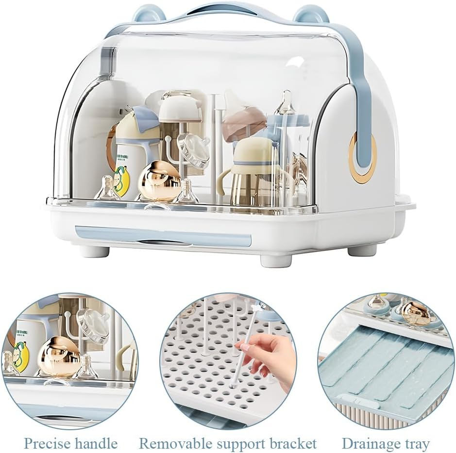 Baby Bottle Countertop Drying Rack, Dustproof Feeding Cup Holder, Baby Cup Storage Box, Removable Drain Tray, Transparent Clamshell Design for Bottles, Teats image number 2