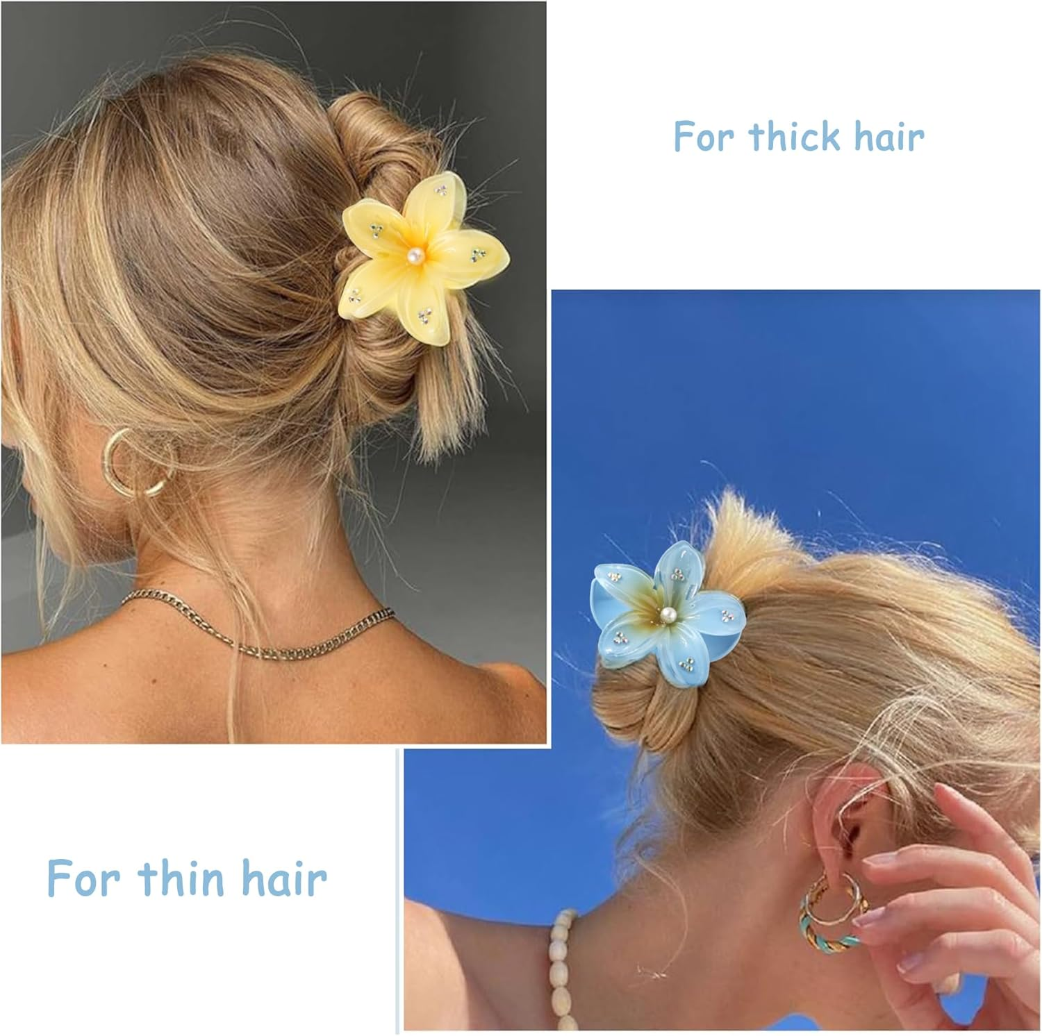 QIUMING Flower Hair Clips, Egg Flower Hair Clip, Non-Slip Hair Clips, Hawaiian Flower Claw Clips, Hair Clip, Flower with Rhinestones, Hair Styling Accessories for Thick, Thin Hair (White + Yellow + image number 5
