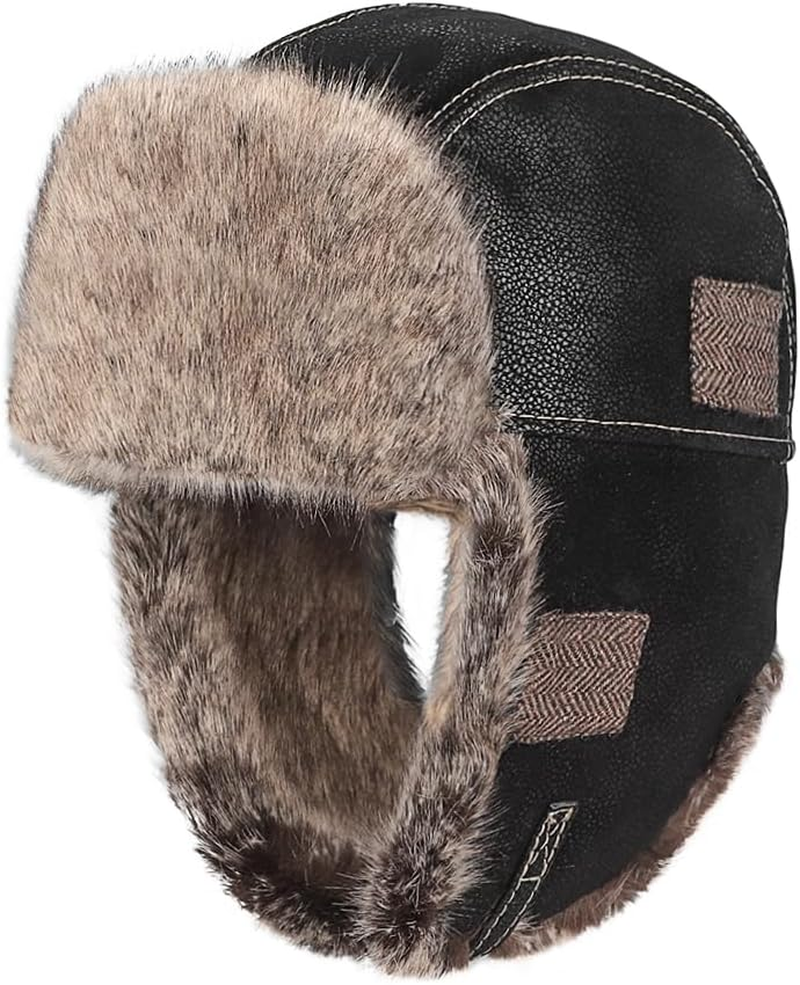 Unisex Trapper Hat Russian Ushanka Faux Fur Bomber Hunting Hat Winter Earflap Hat Aviator Pilot Cap Windproof Thermal Trooper Hat Fluffy Super Warm Hat Skiing Skating Hat Thickened for Women Men - Black image number 5