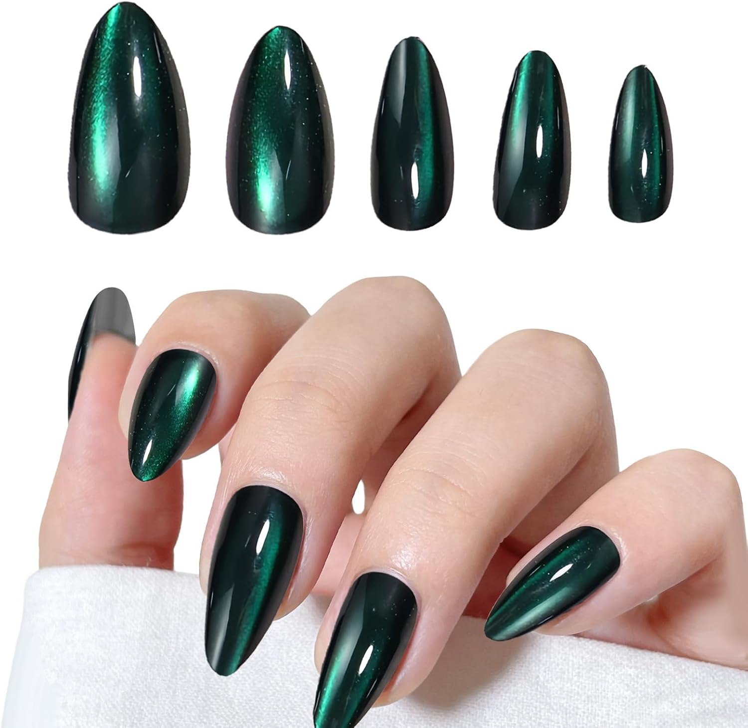 24 Pcs Press on Nails Short Almond, Press on Nails with Glitter Magnetic Cat Eye False, Handmade Short Press on Nail, Stiletto Jelly Stick on Nail for Daily Wear & Party Decor (Emerald Green)
