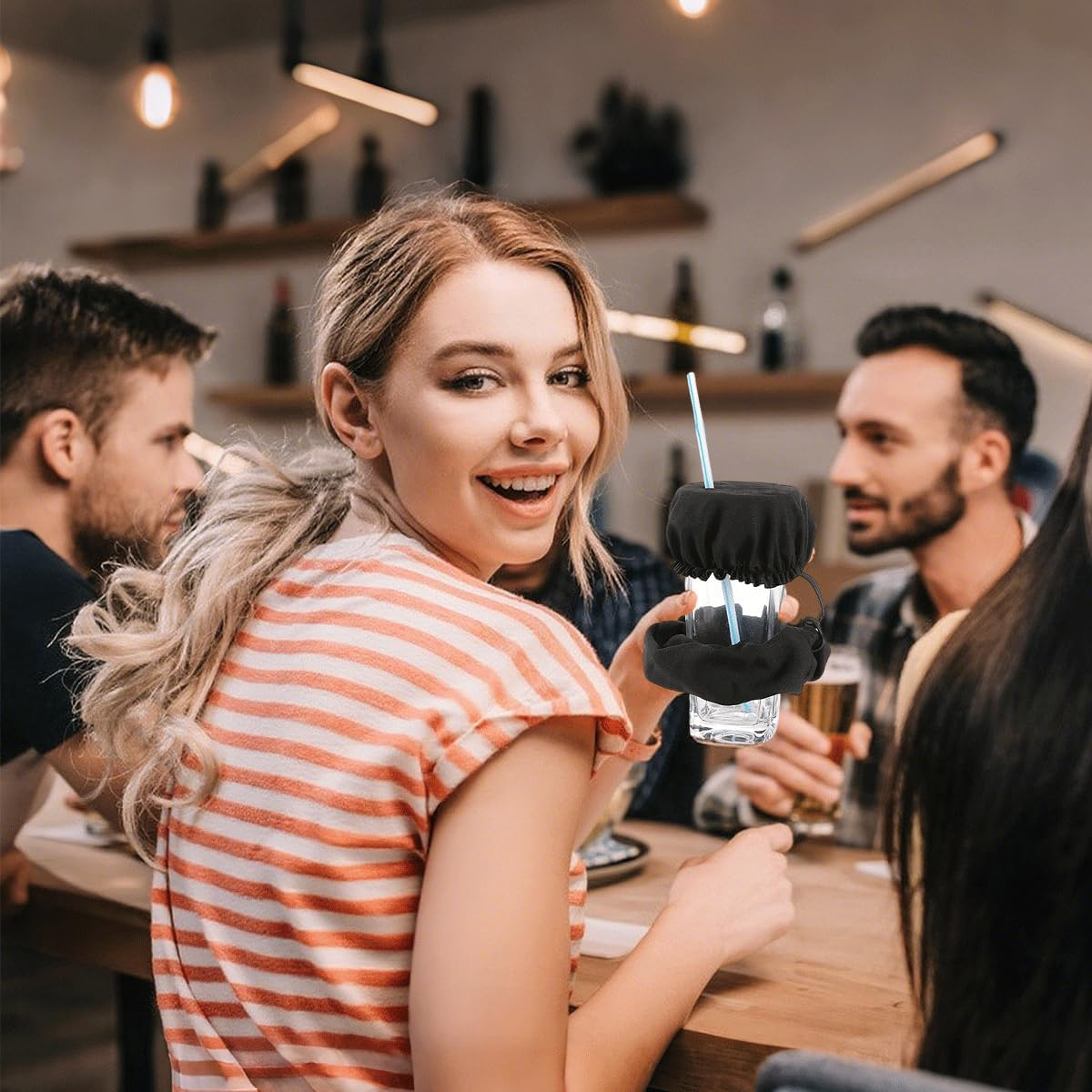 Pack of 5 Hair Band Drink Cover Drop Protection Bracelet Cap Scrunchie Hair Band Drink Cover Anti-Spike Drink Covers Disco Club Drinks Covers for Bar Parties Drinks and Evenings image number 1