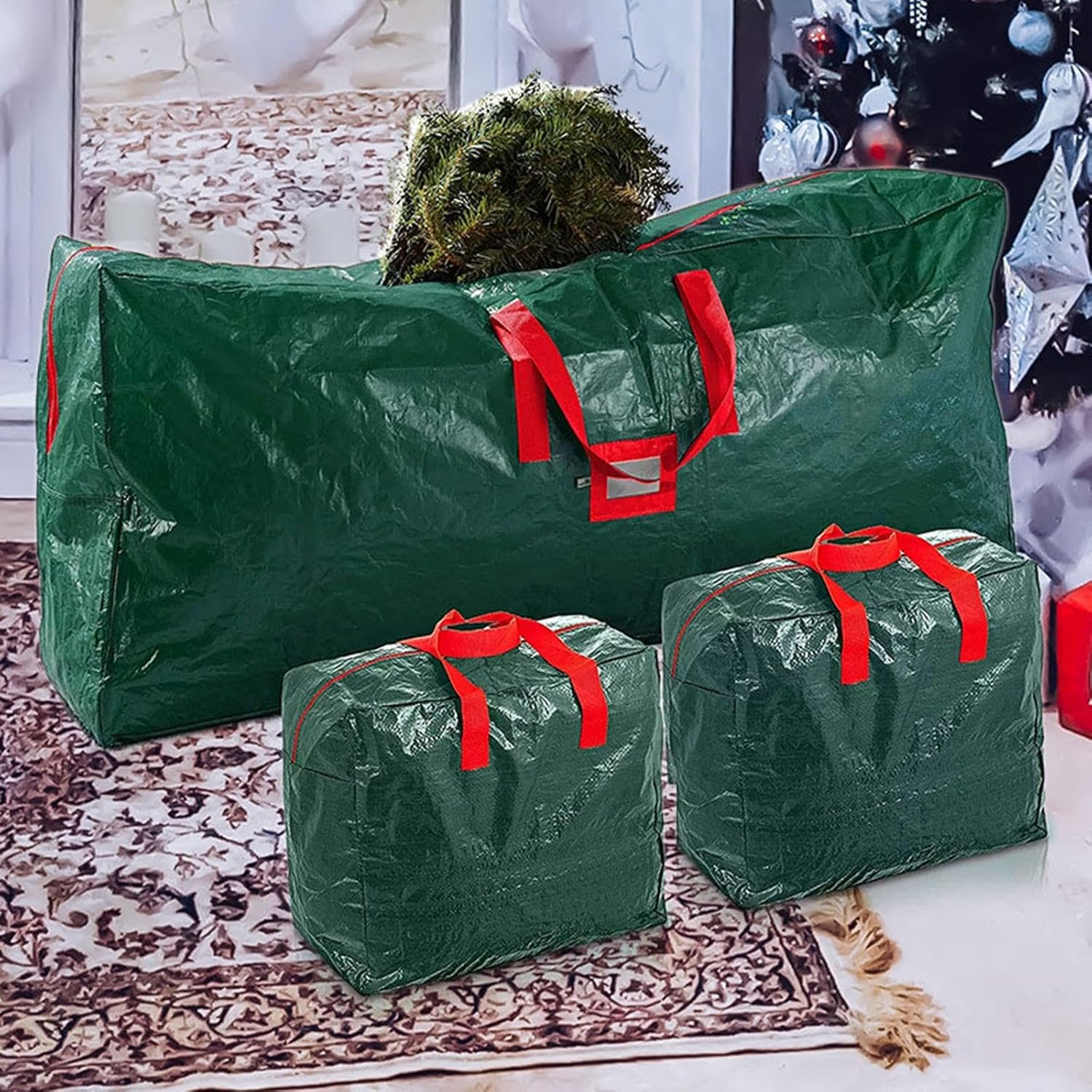 Perfk 3Pcs Christmas Tree Bag Laundry Bag Portable Artificial Xmas Tree Container Christmas Wreath Storage Bag for Holiday Clothes image number 1