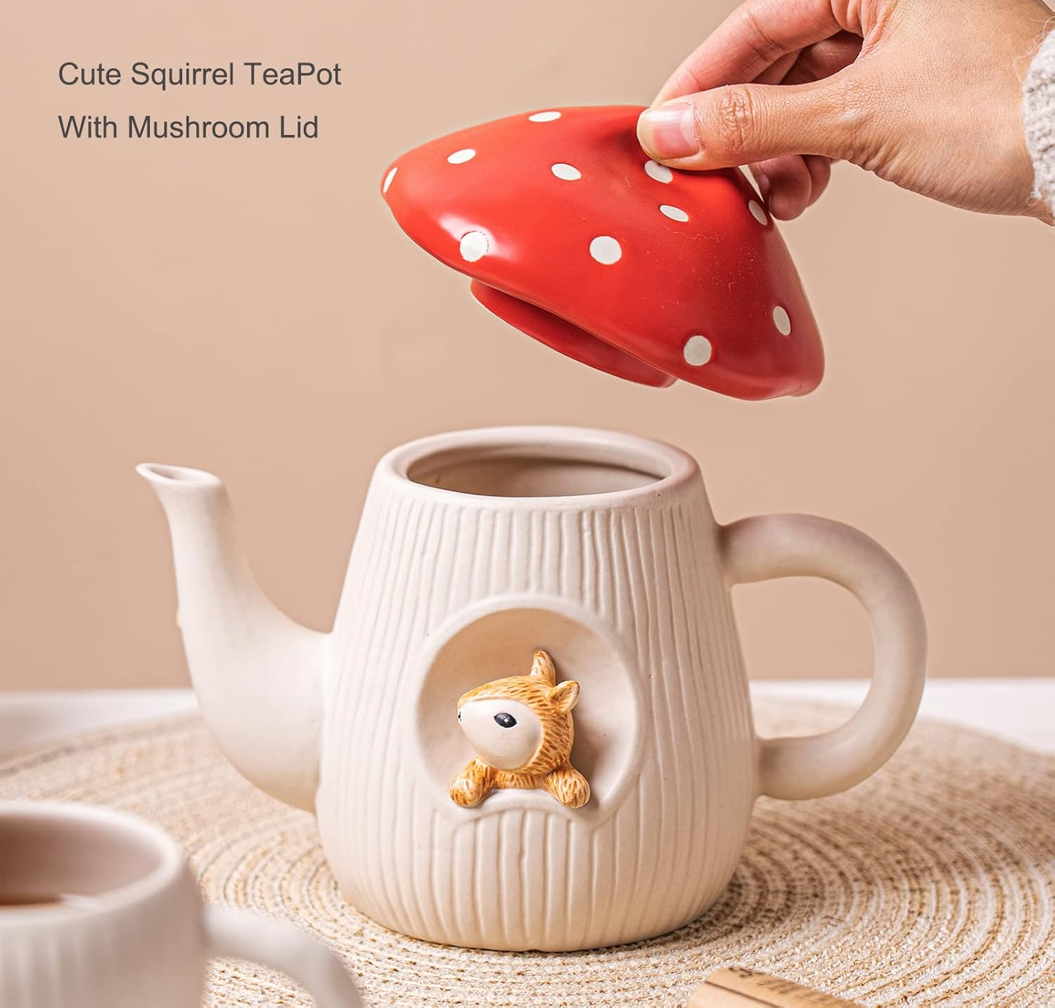 RESVUGA Cute Mushroom Teapot, Handmade Glaze Polka Dot Lid, Safety Matt Ceramic Tea Pot, with Squirrel Decoration. 23 Oz / 680 Ml. Best Gifts for Women & Girls. image number 2