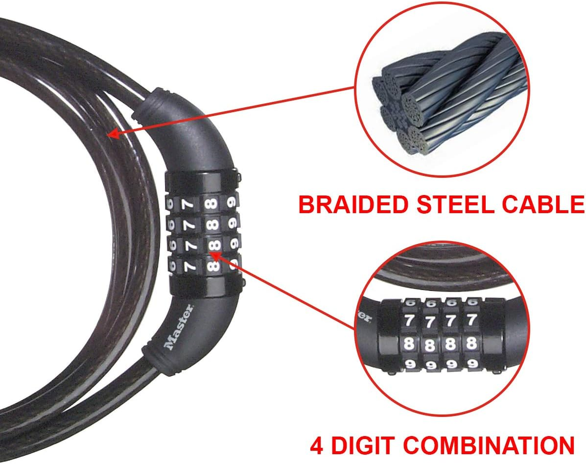 MASTER LOCK Bike Lock Cable, 1.5M Heavy-Duty Steel, Keyless Bike Lock Combination with Vinyl Coating for Scratch Protection image number 1
