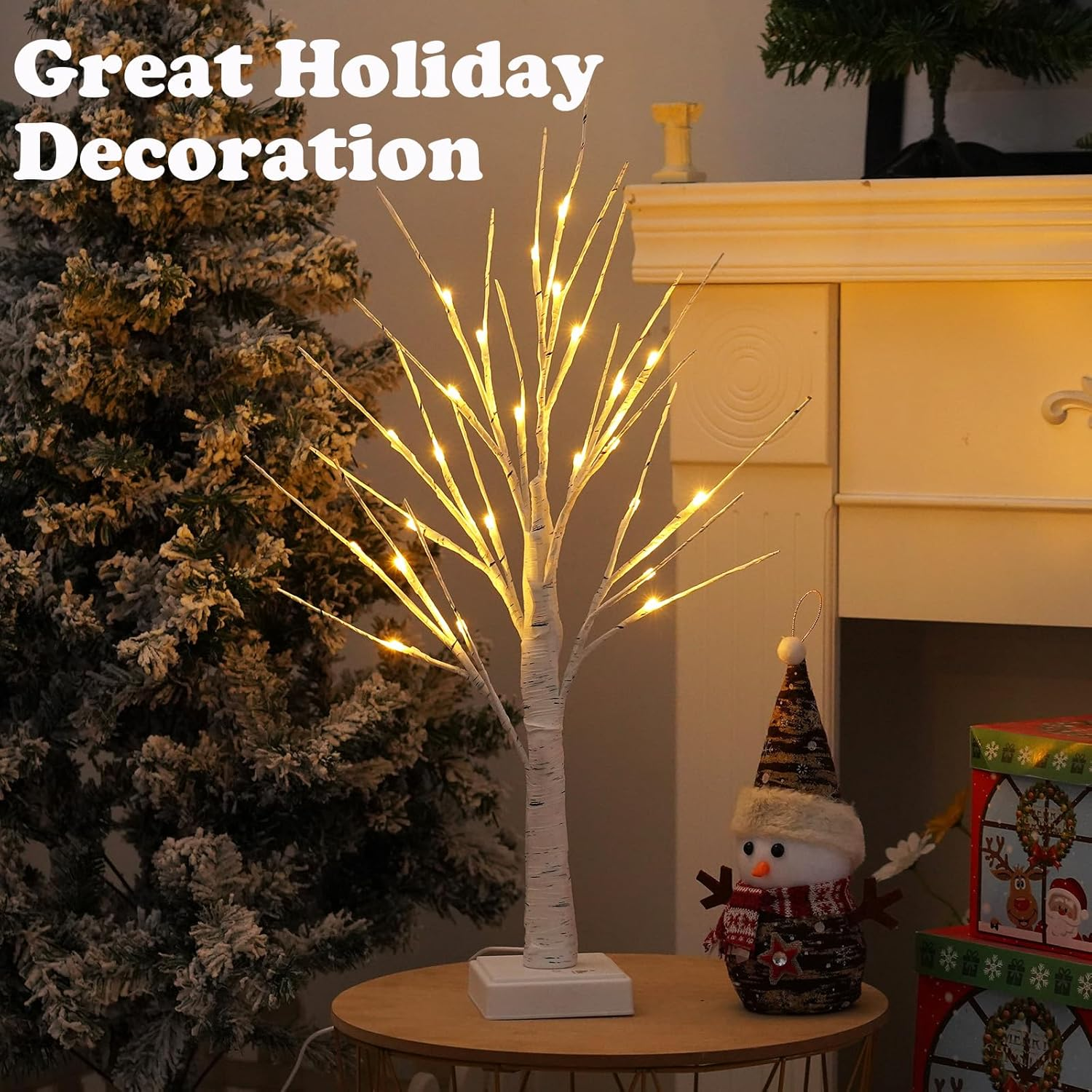 Christmas Decorations Indoor Birch Tree Light with Light Leds Battery Powered Timer for Christmas, Money Trees for Winter Wedding Desk Table Top Mantel Home Easter Decor 60Cm Height (White-1Pack)