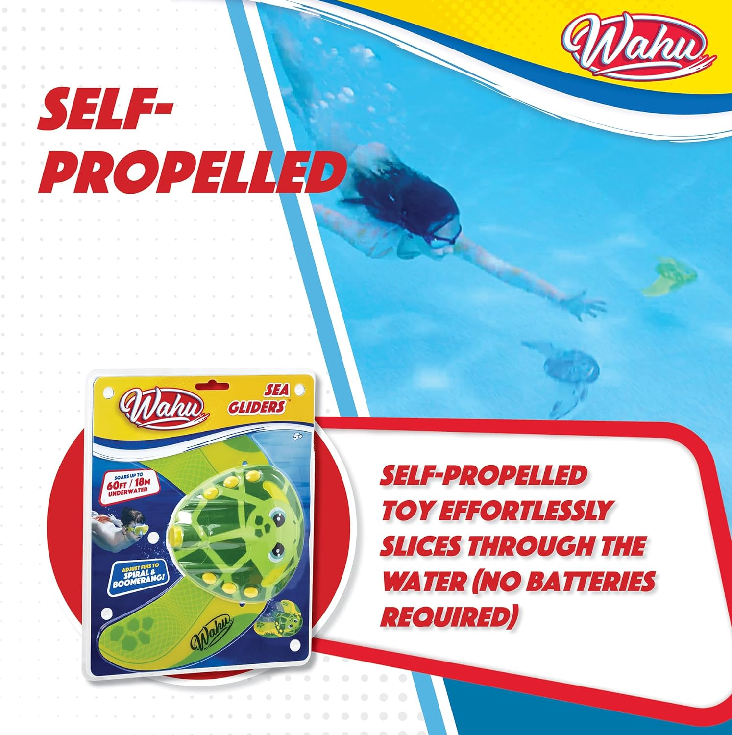WAHU Sea Gliders Turtle - Underwater Pool Toy Glides up to 60 Feet - Self-Propelled Jet with Adjustable Fins to Spiral and Boomerang image number 1