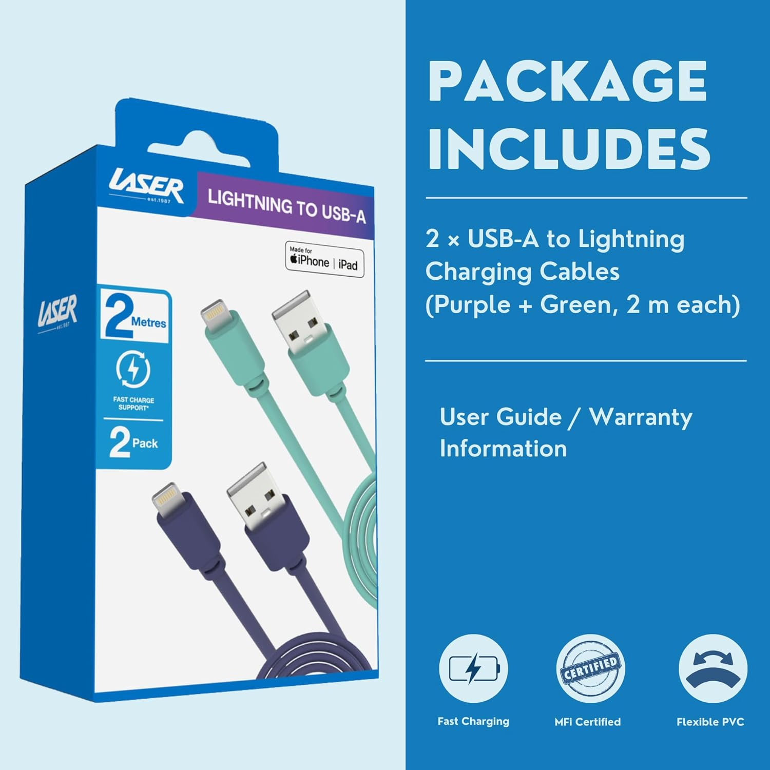 Laser Twin Pack 2M Mfi Lightning to USB-A Charging Cables | Extra Long Apple-Certified Iphone & Ipad Charger Leads (Purple + Green) image number 1