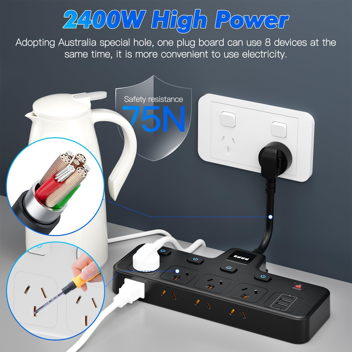 BOCHLION Power Strip with Independent Switches and Night Light Features Plug Extension Socket with 4 USB Ports (2 USB C and 2 USB A), Household Wall Socket Plug Extender, Travel. (Black) image number 5