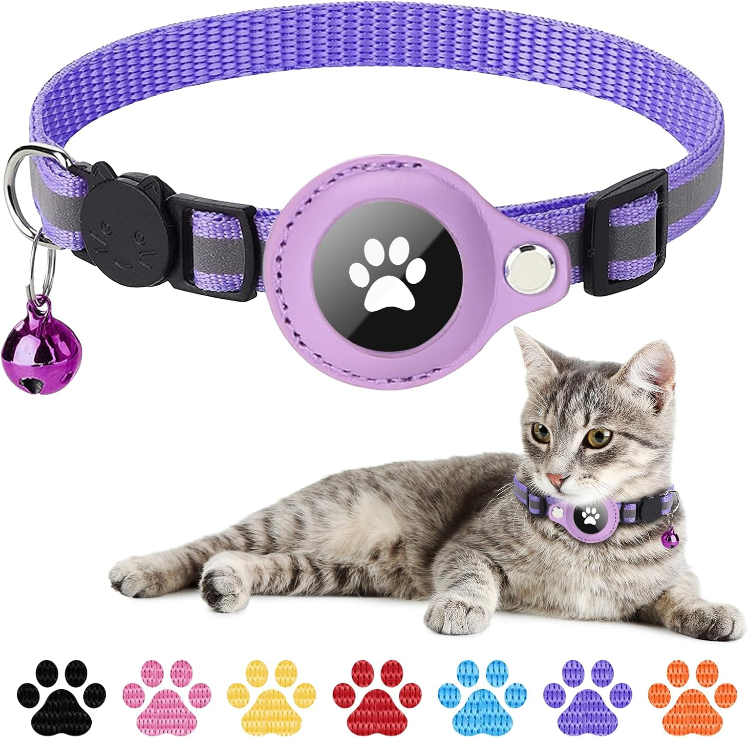 Boloshine Reflective Airtag Cat Collar, Anti-Lost Cat Tracker Collar with Airtag Adjustable Holder & Bell, Lightweight GPS Cat Collar Compatible with Apple Airtag for Small Cats Kitten Puppy (Purple) image number 4