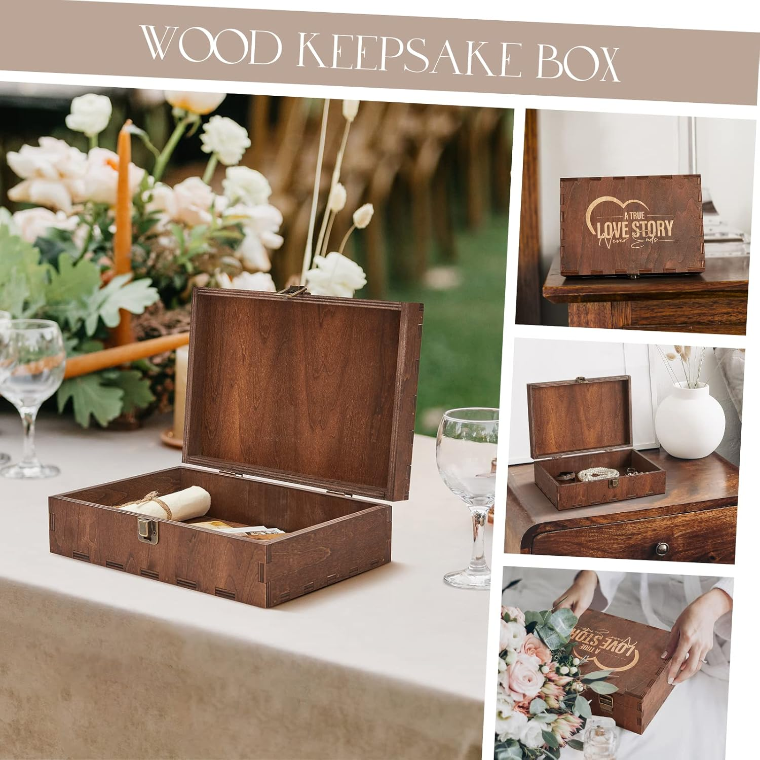 AW BRIDAL Engraved Wedding Memory Box with Lid, Wood Keepsake Boxes for Storage, Wedding Gifts for Couples, Bridal Shower and Bachelorette Gifts for Bride, Engagement Gifts for Newlyweds image number 6