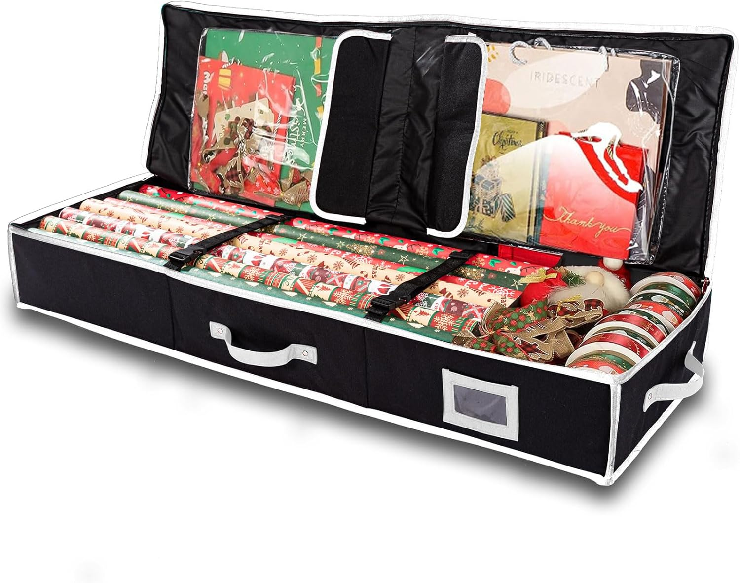Large Wrapping Paper Storage Box for Christmas Wrapping Paper Holder Fits up to 24 Rolls Durable 600D Oxford Fabric with Extra Pockets for Accessories Packing Roll Storage Containers, Grey
