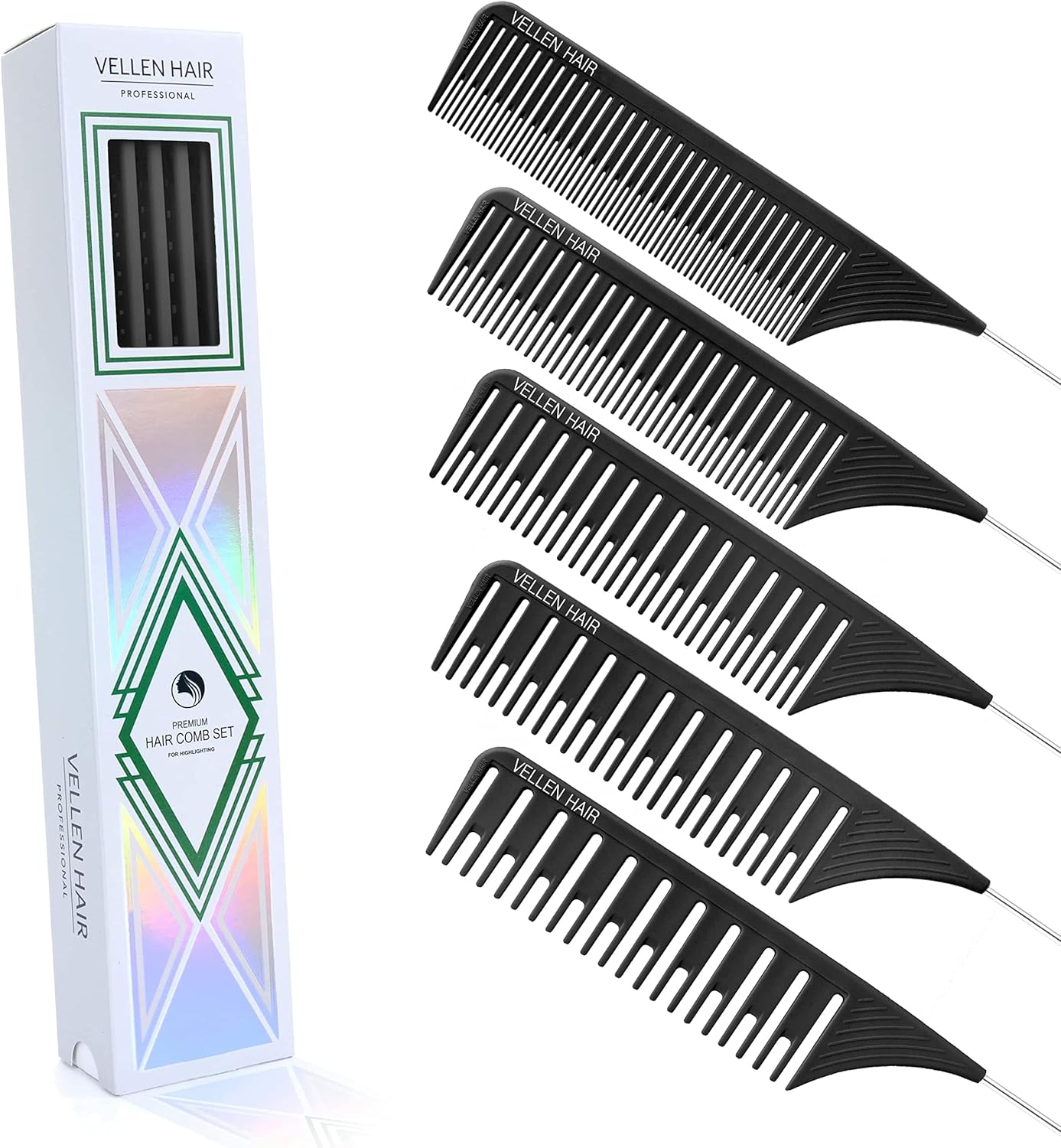 Vellen Professional Hair Highlighting Comb Set &ndash; 5 Sizes for Balayage & Foiling &ndash; Heat Resistant PEI Plastic (220&deg;C) &ndash; Anti-Static, Durable, Chemical Resistant &ndash; Includes Extra Long Stainless Steel Needle &ndash; Stylist & Salon Grade (Mint/Blue, 5Pcs)