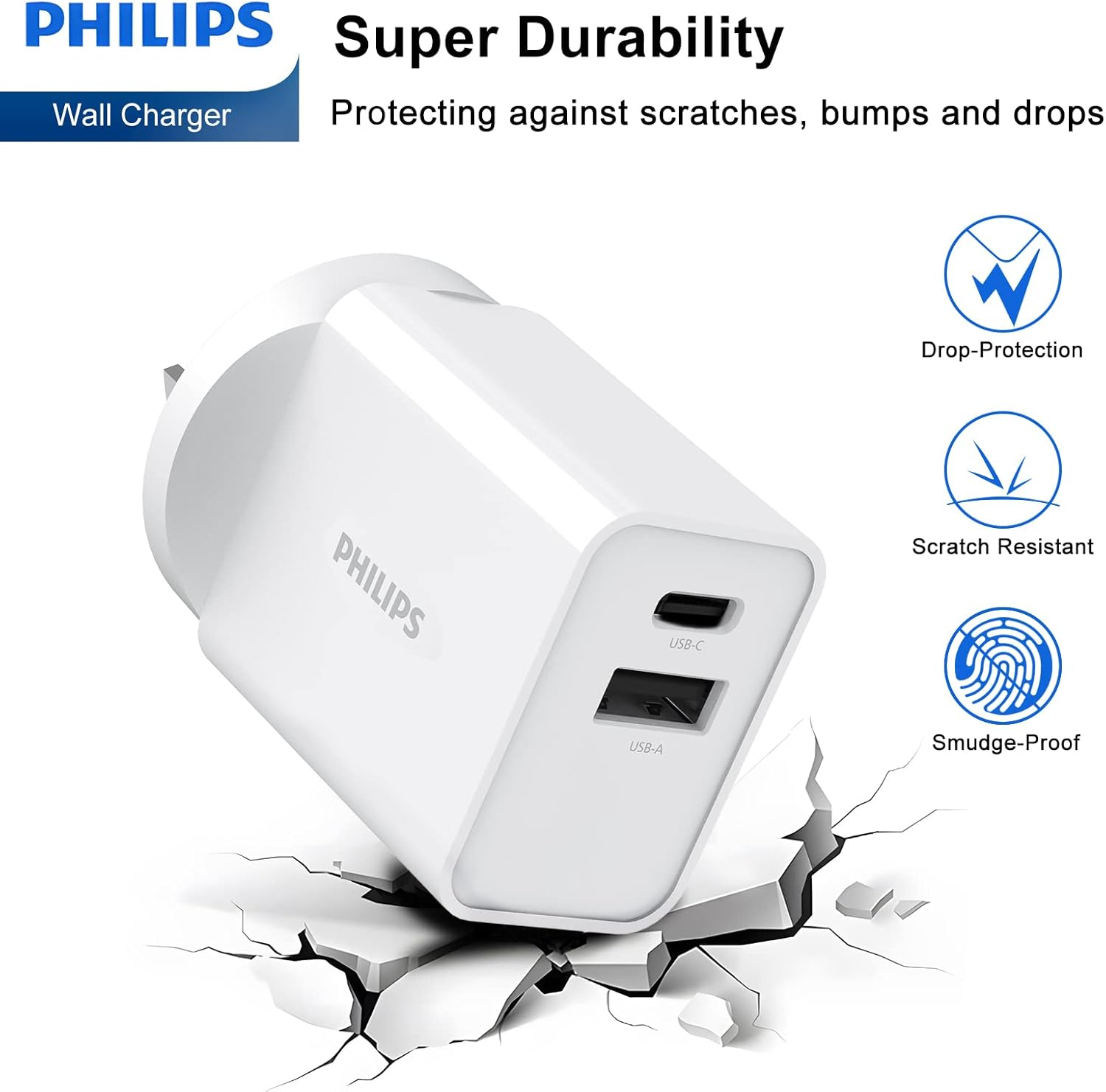 Philips USB a + USB C Wall Charger Adapter Plug 20W Dual Port Fast Charging |Safety | SAA Approved| Australia Standard| Compatible with Iphone 16/15/14/13/Pro/Pro Max| Ipad (White, 20W with C Cable) image number 7